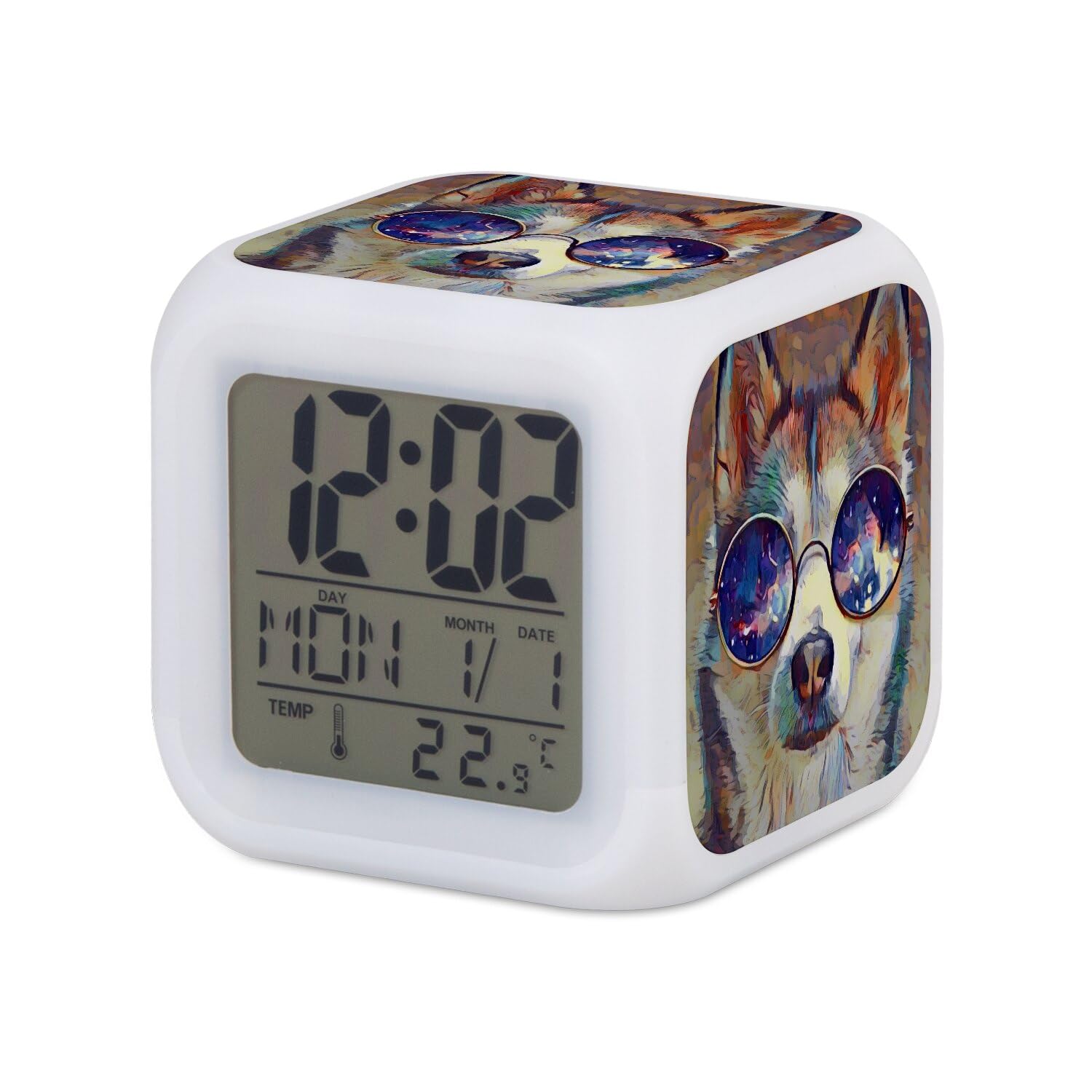 Fabulous White Luminous Cube Alarm Clock - Husky with Multicoloured Bezel - Hippie Art Painting - 8 x 8 x 8 cm - Retro Multi-Coloured LED Lighting