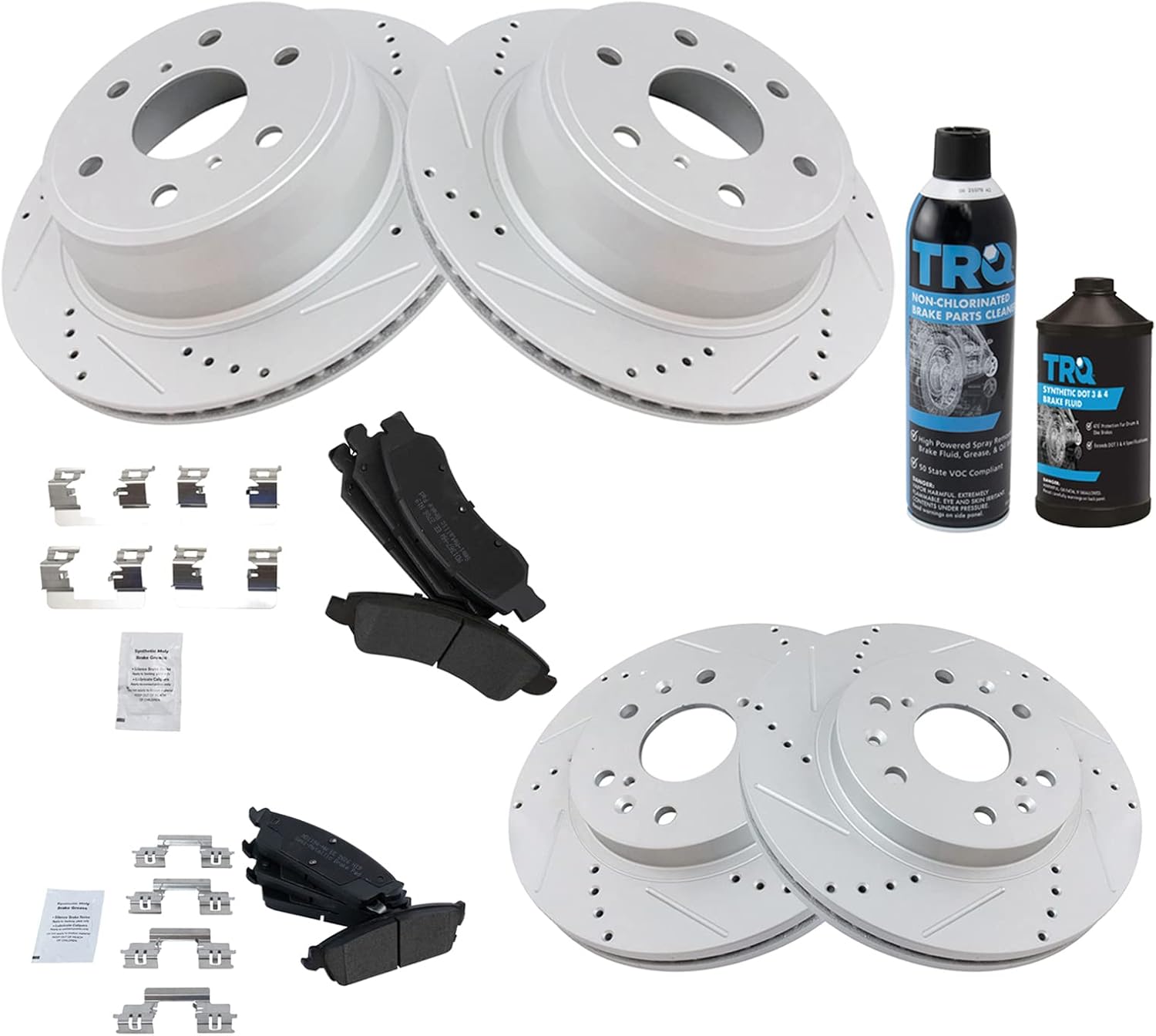 TRQ Front & Rear Brake Pad & Rotor Kit Semi-Metallic Performance Premium G-Coated Slotted X Drilled Compatible with 08-14 Cadillac 07-14 Chevrolet GMC