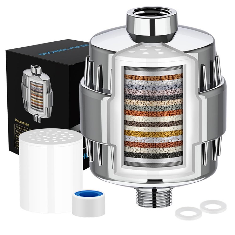 Filtro de ducha universal de 20 etapas, de alto rendimiento, con cartucho multietapa reemplazable, utilizado para agua dura en cocinas y baños domésticos, eliminación de cloro y fluoruro, cromo pulido