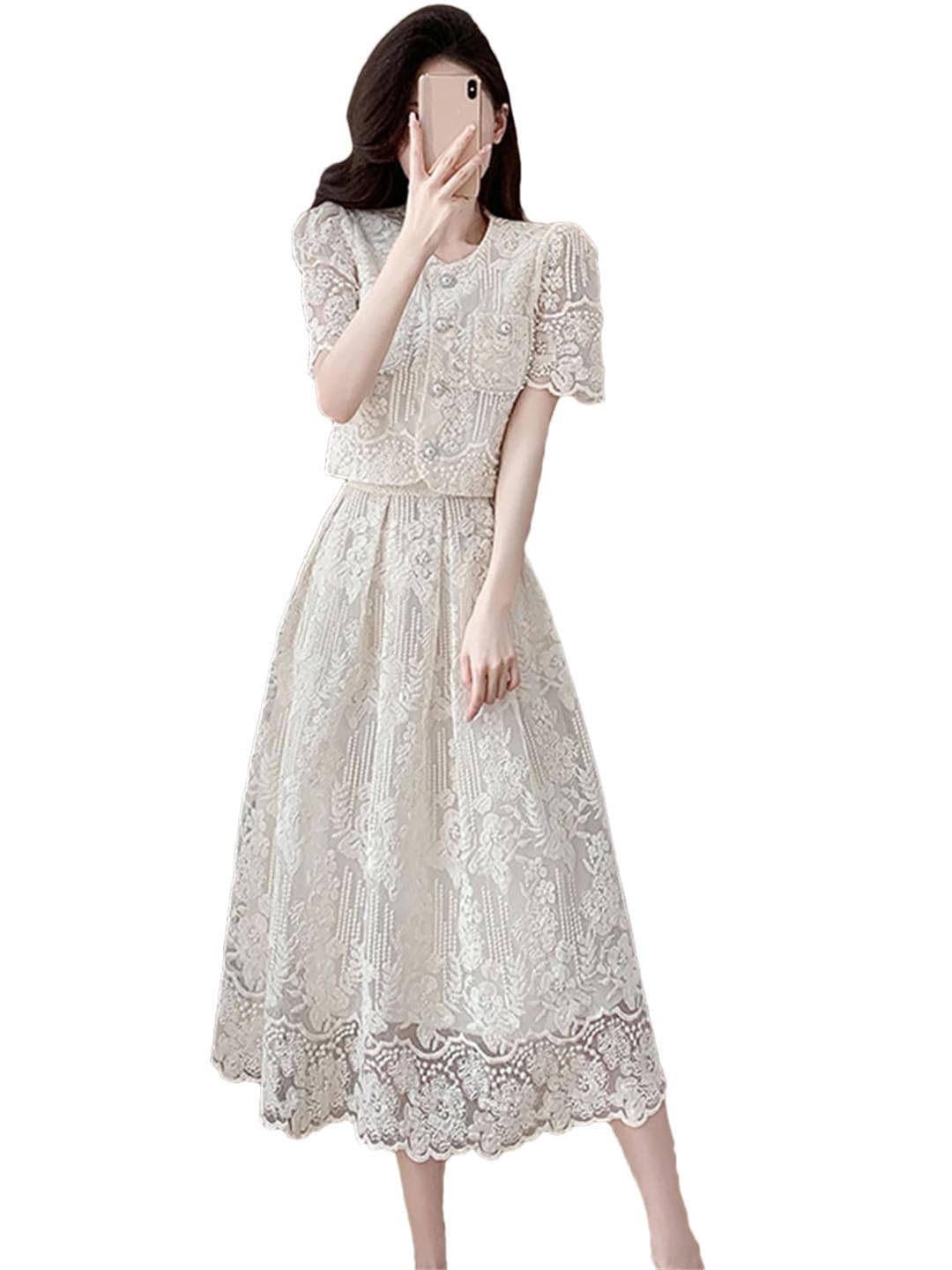 Women Embroidery Lace 2 Piece Set Beaded Flower Single Breasted Short Top A Line Midi Skirt Suits High