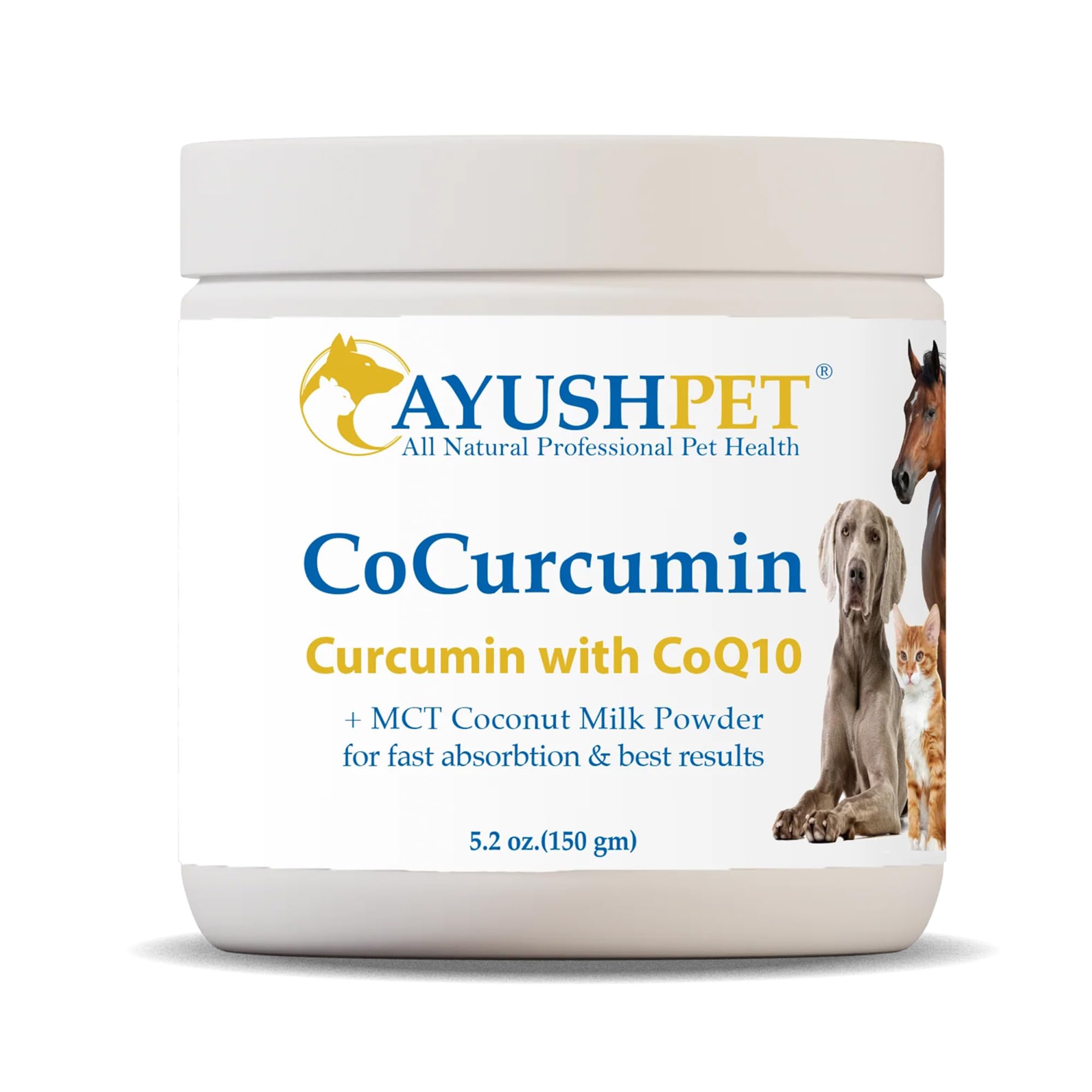 Ayush Pet CoCurcumin with CoQ10 - Curcumin Powder with Coconut MCTs for Dogs and Cats, Turmeric Superfood Supplement for Small or Large Pets, Immune, Joint and Cognitive Support - 5.2 oz