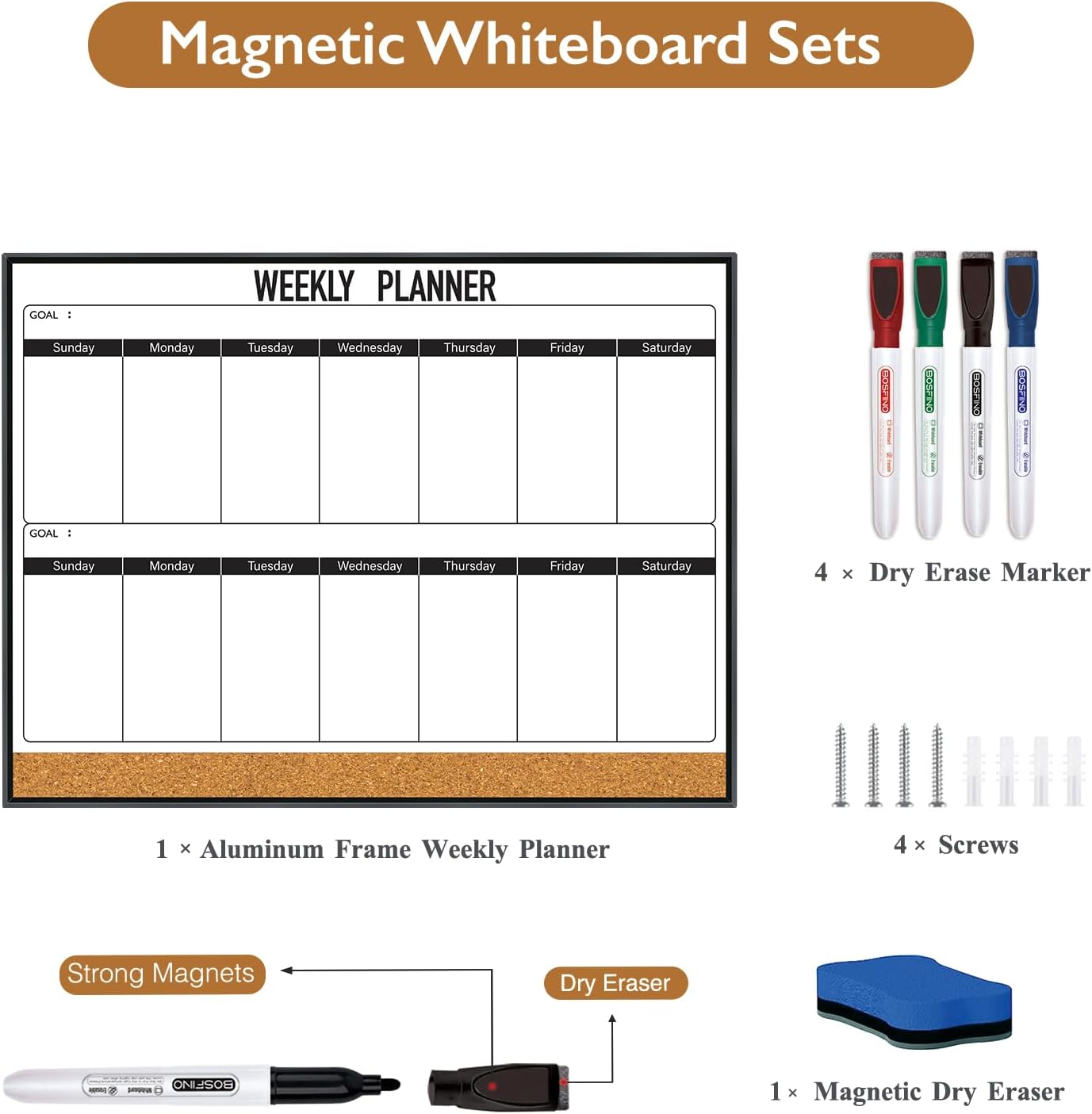DumanAsen 2 Weeks Planning Board, 12 x 16 Inches Small Magnetic Weekly Calendar Whiteboard/Corkboard for Wall, Portable Whiteboard for Home,Office, Including Markers, Eraser and Hanging Hardware