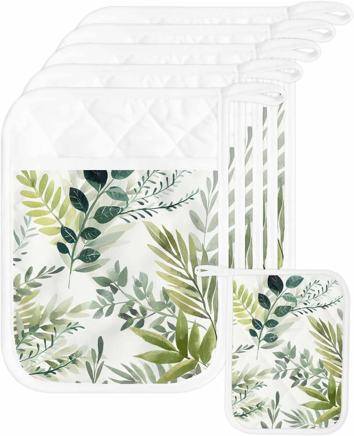 5 Pack Pot Holder with Pocket, Green Leaves Pastoral Botanical Kitchen Potholders Heat Proof Non Slip Pot Holders Sets, Spring Watercolor Branches Hot Pads Potholder for Cooking Baking BBQ