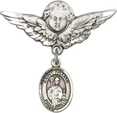 Sterling Silver Baby Badge with St. Kilian Charm and Angel w/Wings Badge Pin 1 1/8 X 1 1/8 inches