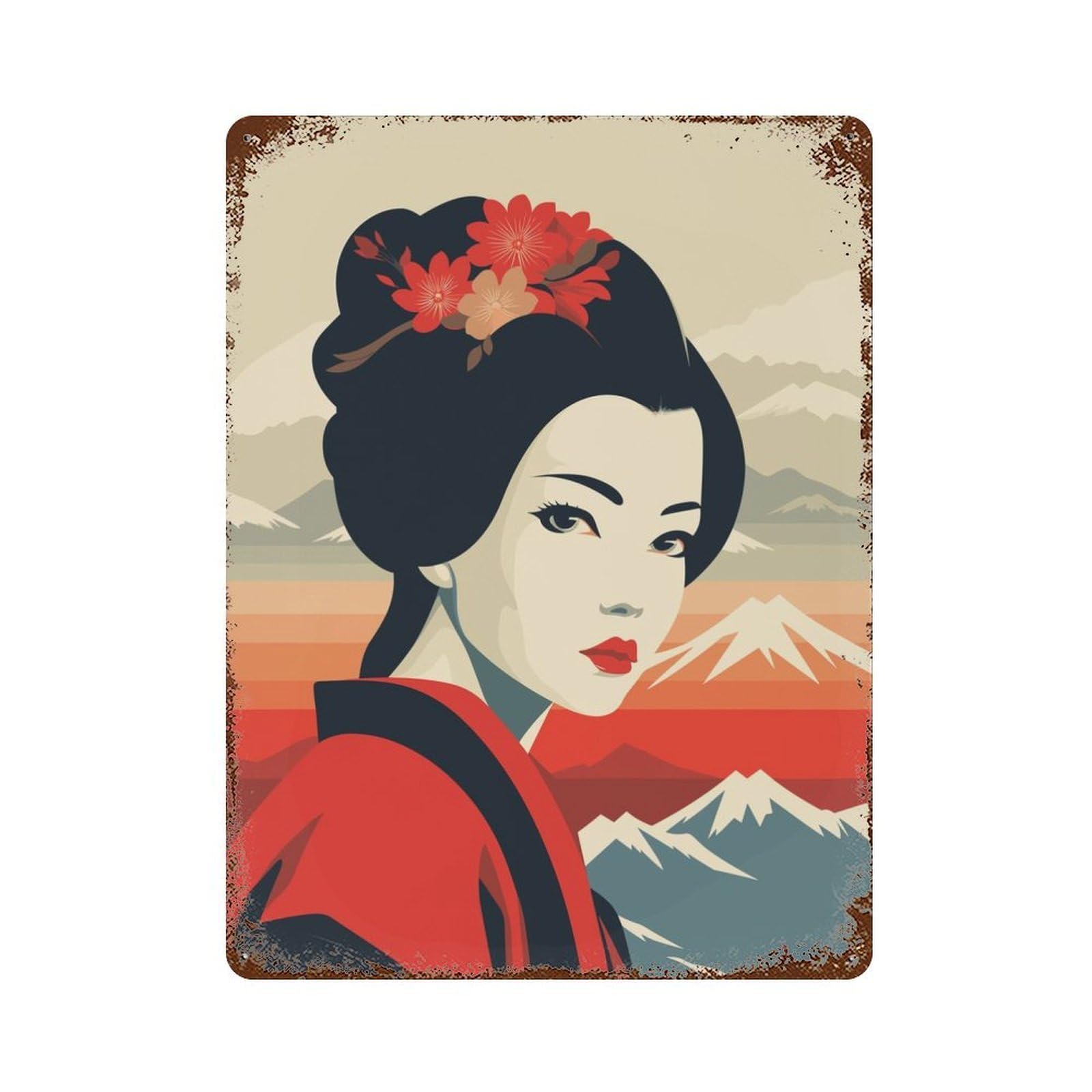 Distressed Metal Wall Sign with Retro Japanese Geisha Art Design 15.7"x11.8", for Office, Studio And Wall Decor, Industrial Home Decor