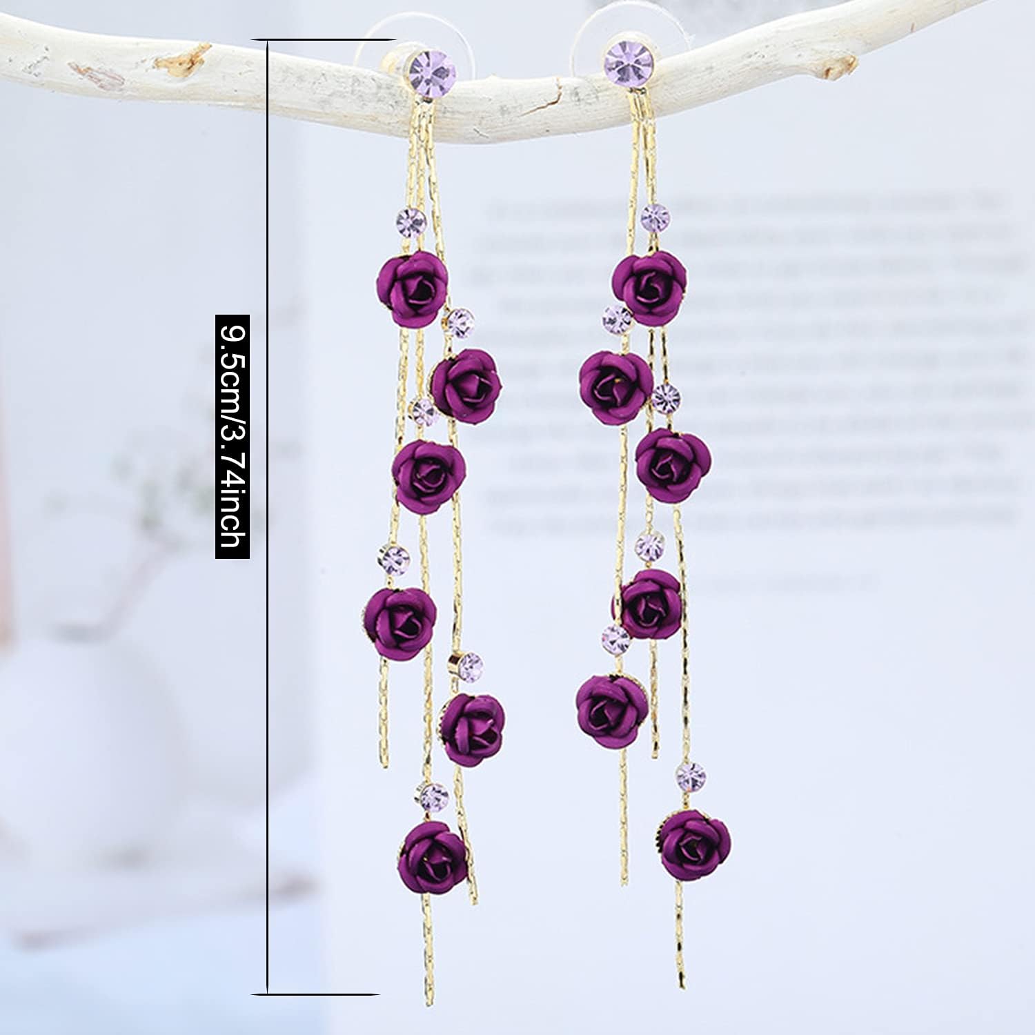 Elegant Chic Long Shine Tassel Chain Red Purple Rose Flower Dangle Drop Stud Earrings with White Sparkly Crystal for Women Statement Jewelry Gifts - Image 2