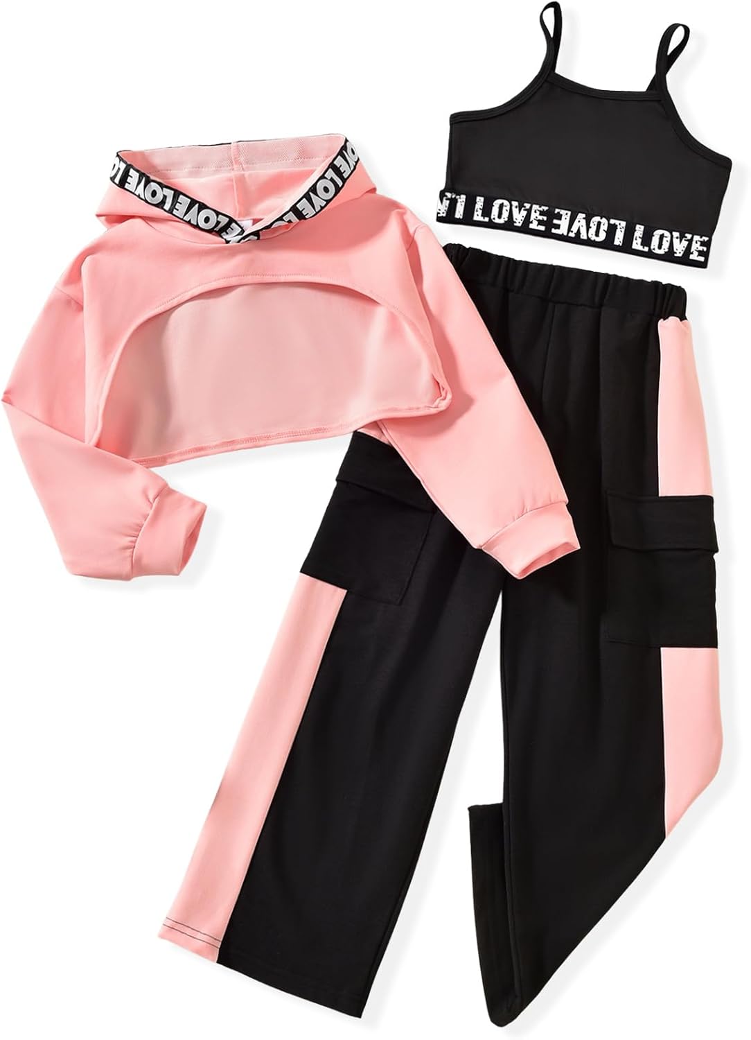 Girls 3 Piece Outfits Color Block Sweatsuit Workout Hoodie Litter Graphic Crop Tank and Pants Set
