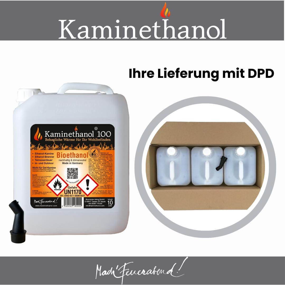 30 L Bioethanol 100% Ethanol 30 Liter Bio Alkohol für Kamin mit Ausgießer in 10 L Kanister