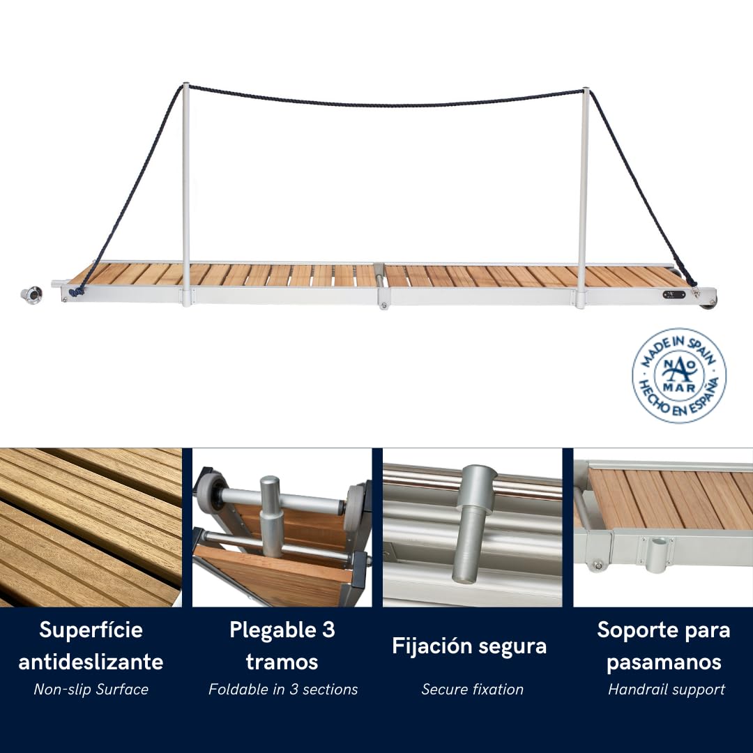 Pasarela para Barco, Peldaños de Madera, 2,5 Metros de Longitud, Plegable en Dos tramos, Liguera y Resistente con Ruedas.