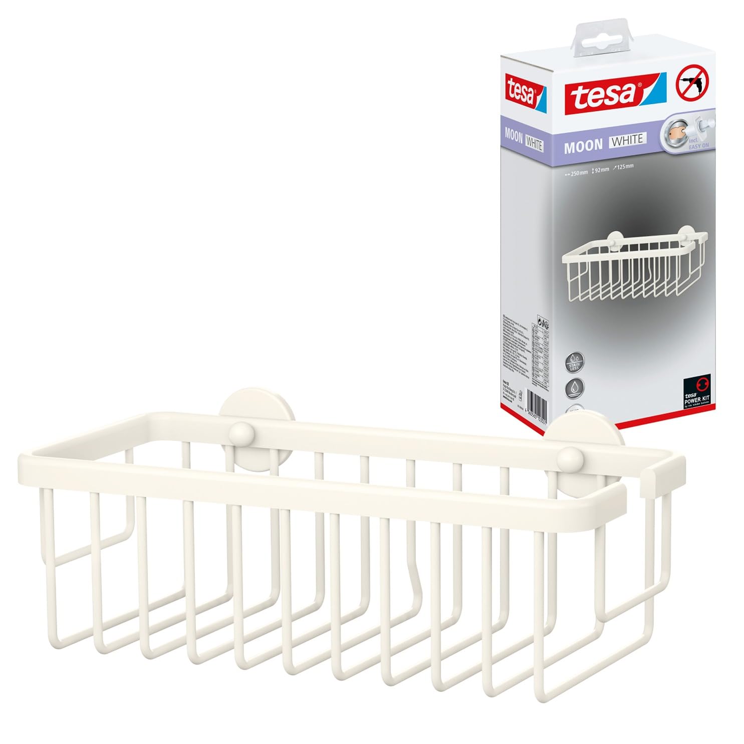 tesa® MOON WHITE Cesta para Ducha, Blanco Mate, Un Solo Nivel | Extra Profundo, Baños Modernos y con Estilo Industrial, Montaje Adhesivo sin Taladrar, 92 mm x 250 mm x 125 mm