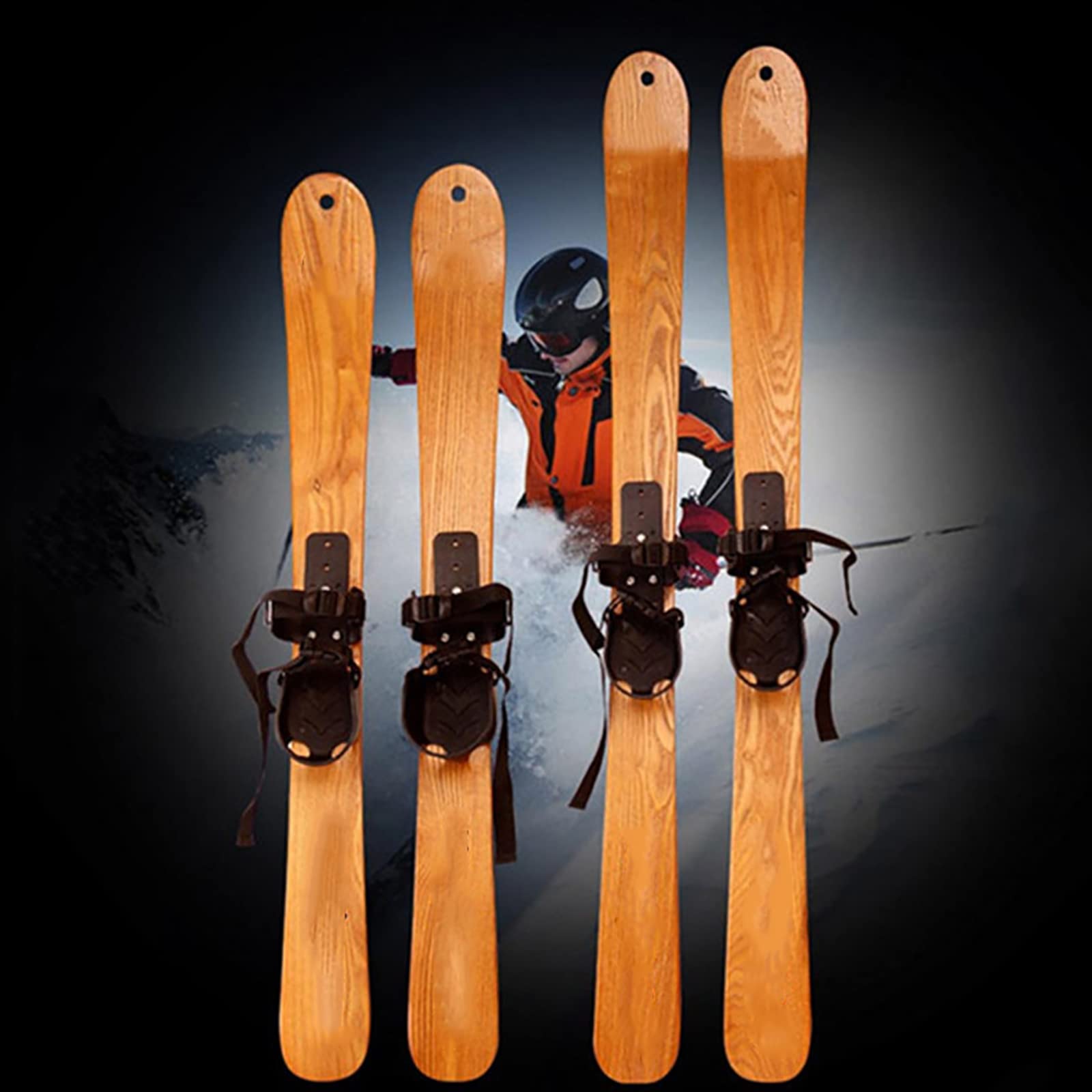 Esquís de madera para adultos y niños - Esquís para hombre para zapatos de invierno con bastones de nieve - Grano de madera único - Ideal para esquí y patinaje sobre hielo