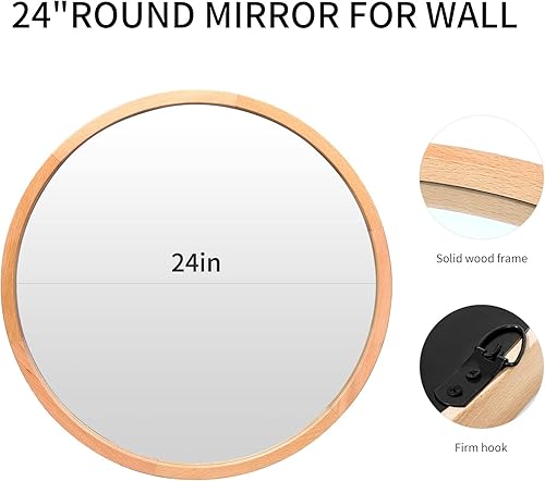 Miniatura 4 de Espejo redondo de madera de 24" Espejo circular de pared estilo granja para baño, tocador, espejo de decoración moderna para sala de estar,