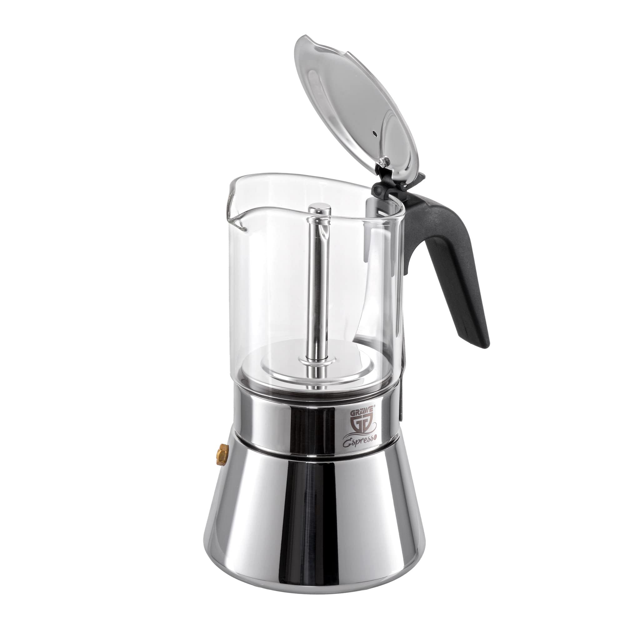 GRÄWE Cafetière à expresso avec verseuse en verre compatible induction - Cafetière à expresso en acier inoxydable pour 6 tasses - Cafetière à expresso classique - Cafetière à moka pour 260 ml