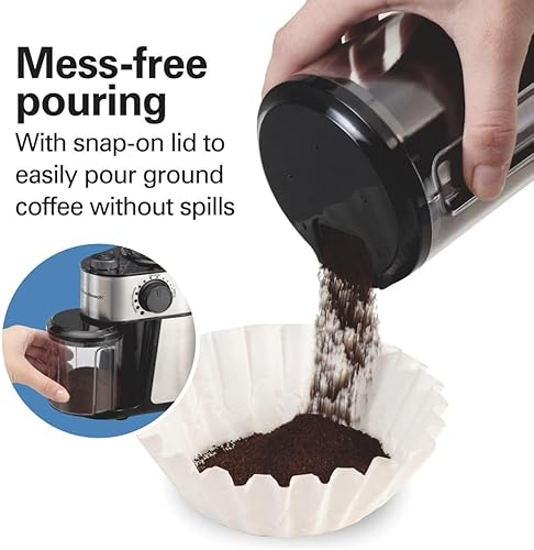 Miniatura 4 de Hamilton Beach Molinillo de café eléctrico con tolva grande de 16 onzas y 18 ajustes para 2-14 tazas, acero inoxidable (80385)