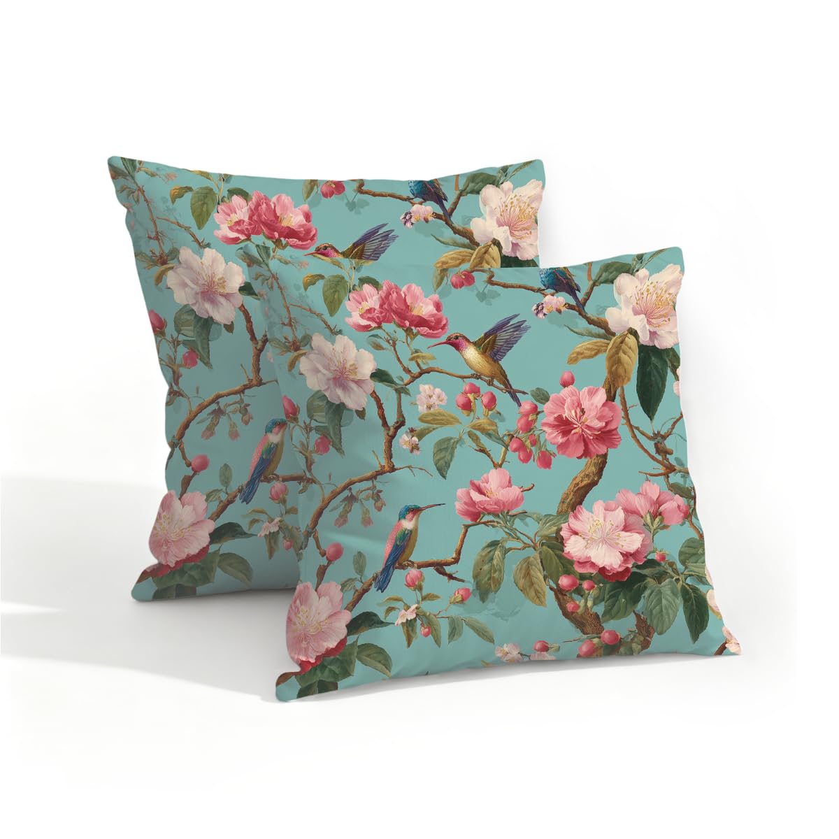 Outdoor Pillow Covers Waterproof Pillowcases 16x16in Set of 2 Chinoiserie Pink Flower Branches Birds On Turquoise Decorative Throw Cushion Case for Couch Sofa Garden Patio Furniture