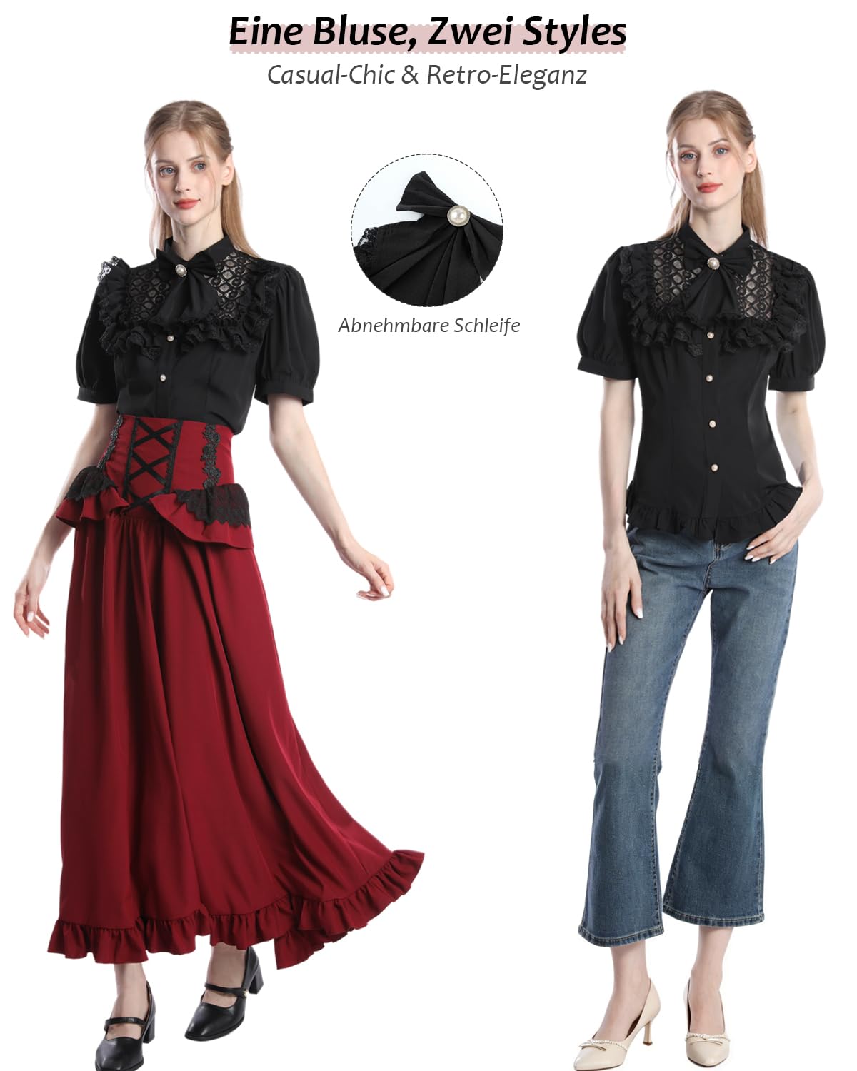 Fiamll Camicetta da donna vittoriana vintage con fiocco, colletto alto con volant a maniche lunghe, K-nero.