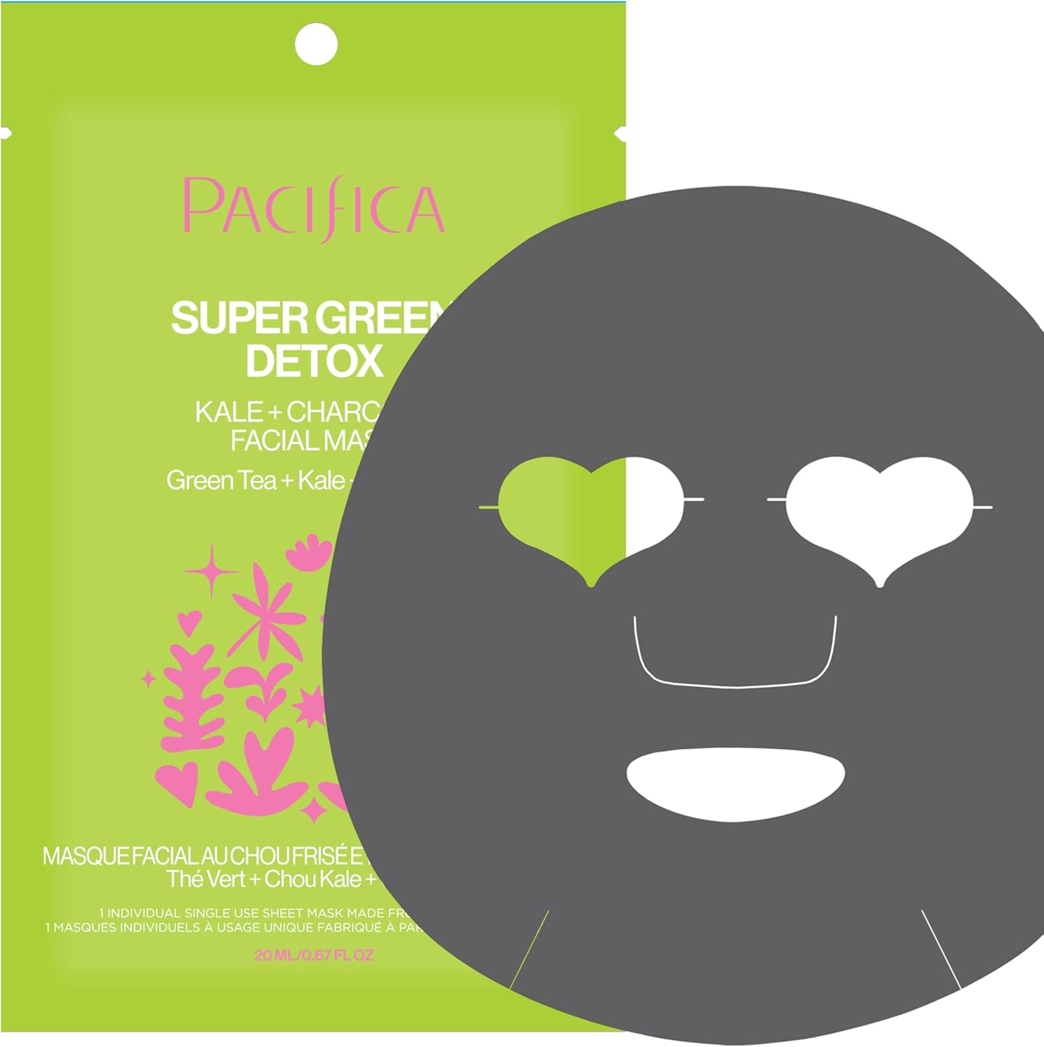 Pacifica Super Green Detox Sheet Mask – Charcoal, Kale & Clay Pore Cleansing Mask for Oily, Blemish-Prone Skin, Deep Detox Facial Mask, Vegan