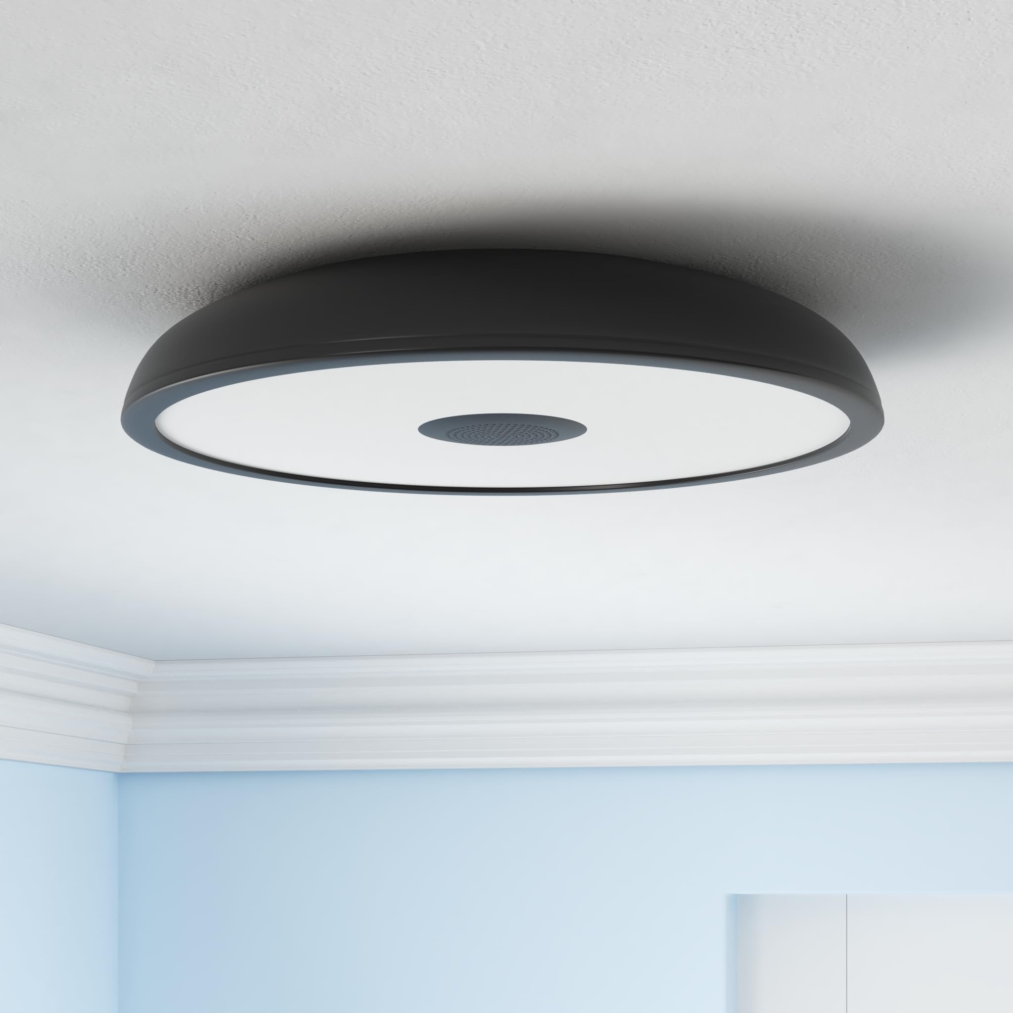 Lámpara de techo LED inteligente impermeable negra, 18 W, con altavoz Bluetooth, función de cambio de color RGB, lámpara regulable de 2700 K-6500 K, control de aplicación Tuya, compatible con