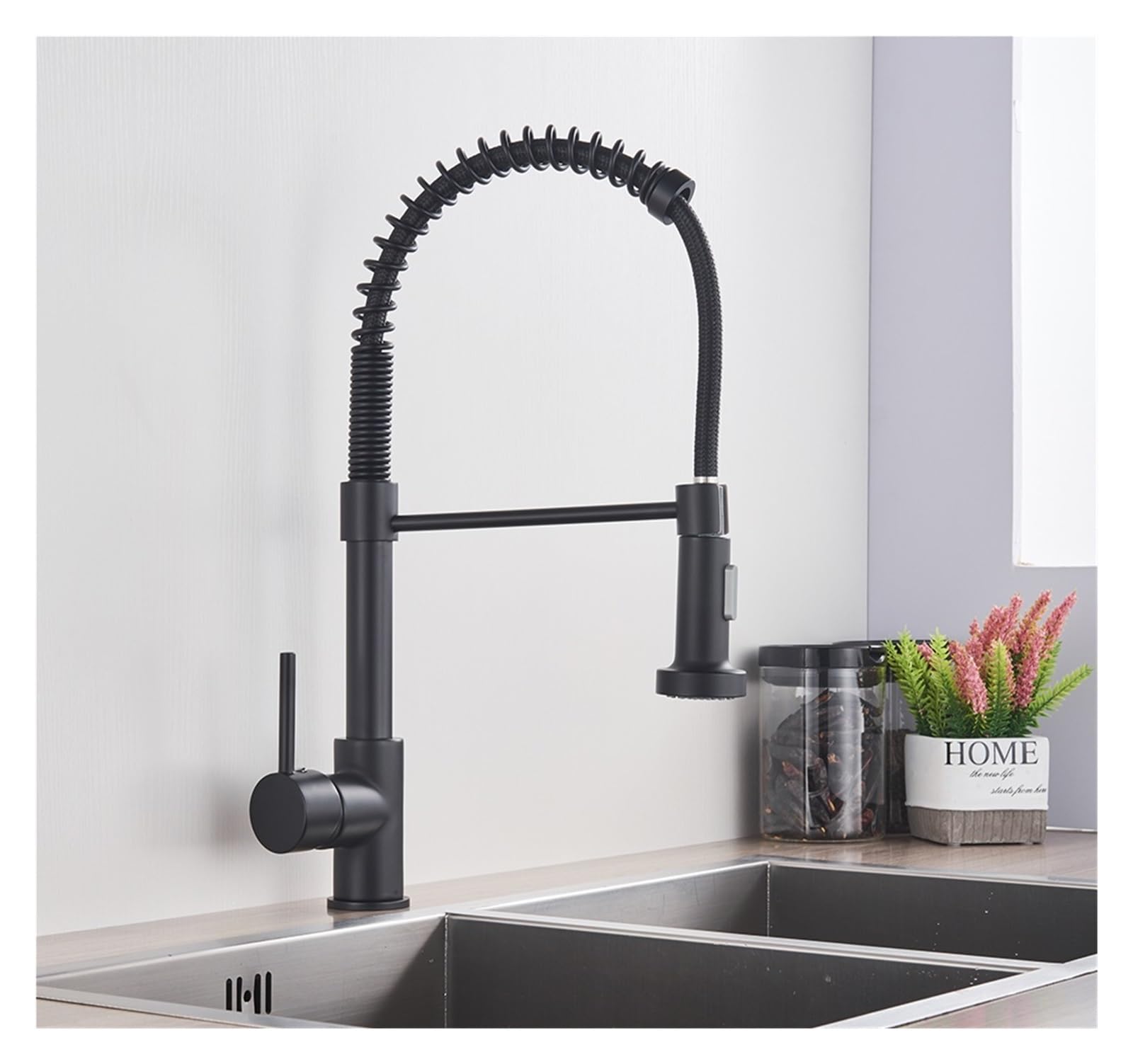 Robinet de cuisine design noir mat avec mitigeur à ressort durable