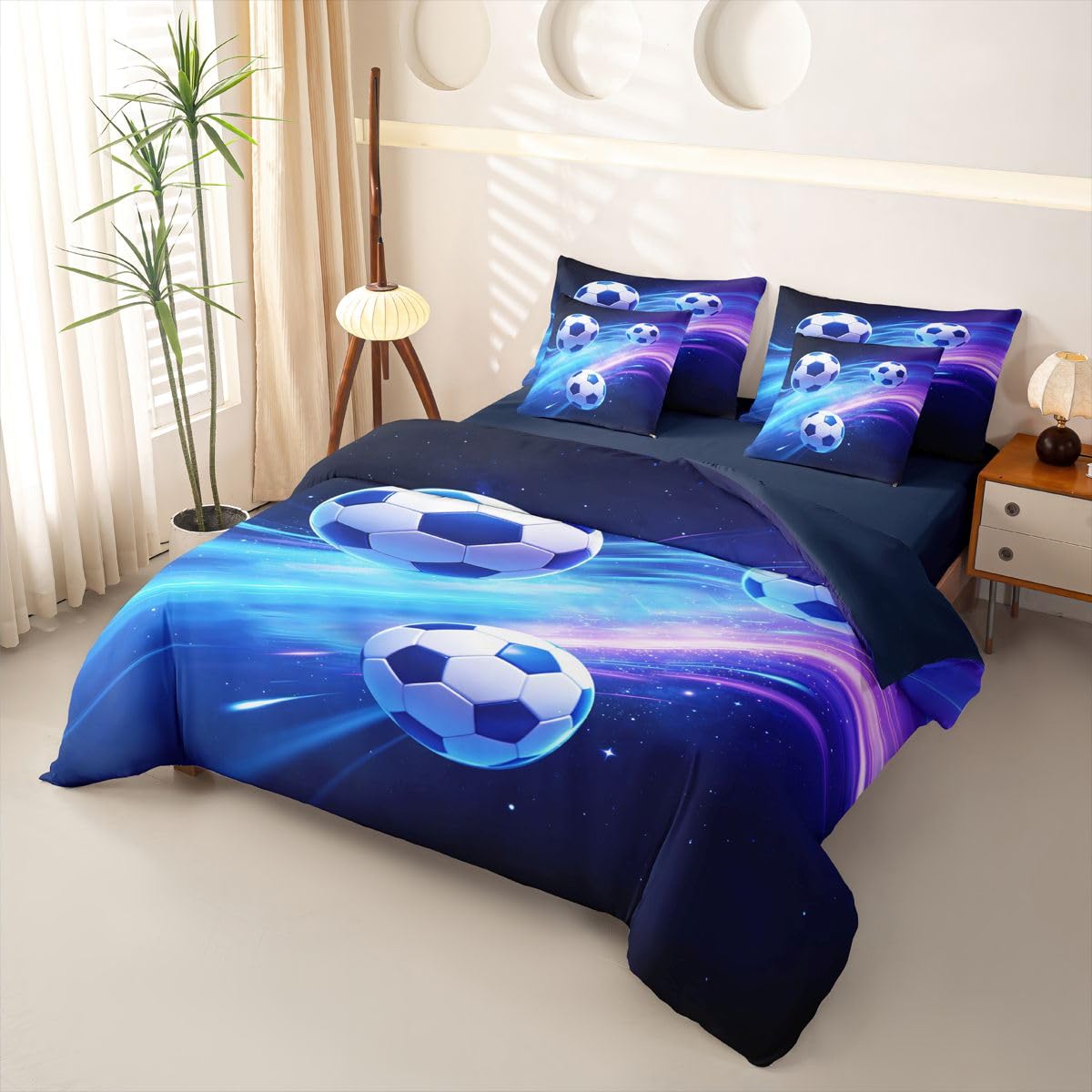 Loussiesd Juego de ropa de cama de 7 piezas para niños y niñas, juego de ropa de cama con funda de edredón, sábanas, fundas de almohada, fundas de cojín, tamaño doble, diseño de fútbol