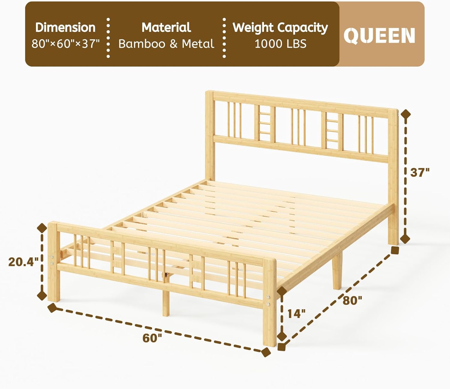 14 Inch High Bamboo Queen Bed Frame with Headboard and Footboard, Wood Bed Frame Queen Size Metal Slat Support Heavy Duty, No Box Spring Needed, Easy Assembly, Noise Free, Reinforced