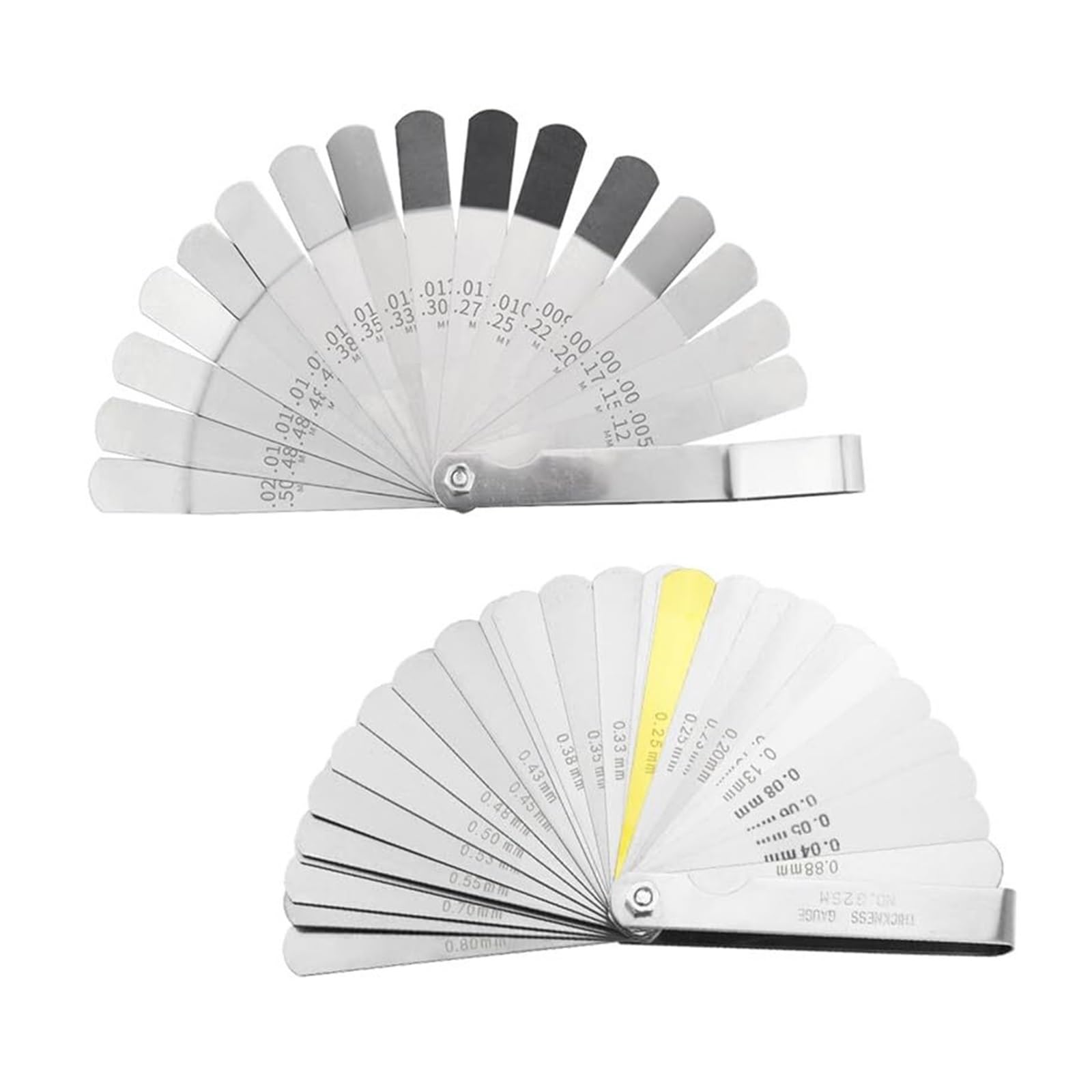 Spessimetro a doppia marcatura, Confezione da 2 spessimetri, 16 e 32 lame, acciaio inossidabile, 0,127-0,508 mm,04-0,88(16 and 32blades)