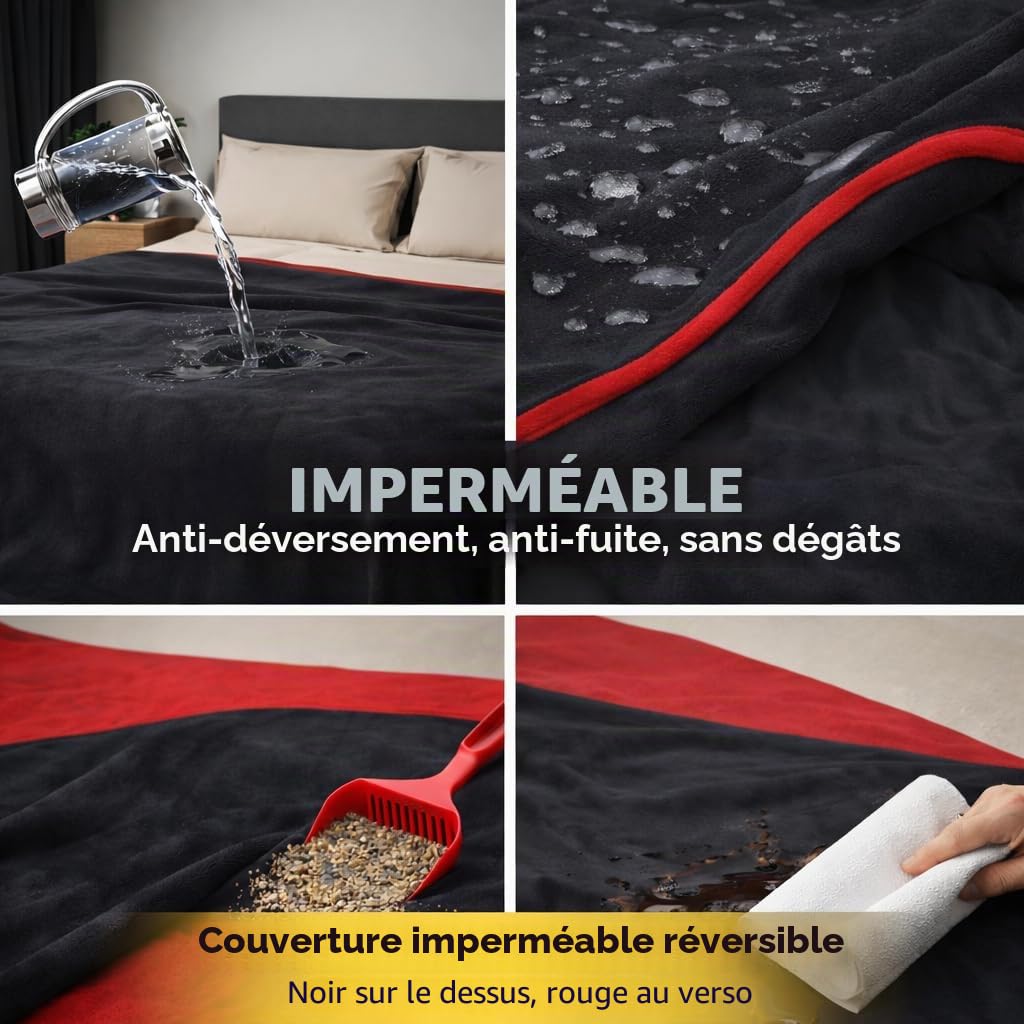 Couverture imperméable Bedding Aid réversible anti-éclaboussures, étanche et résistante à l'eau, flanelle double face (rouge passion et noir minuit)
