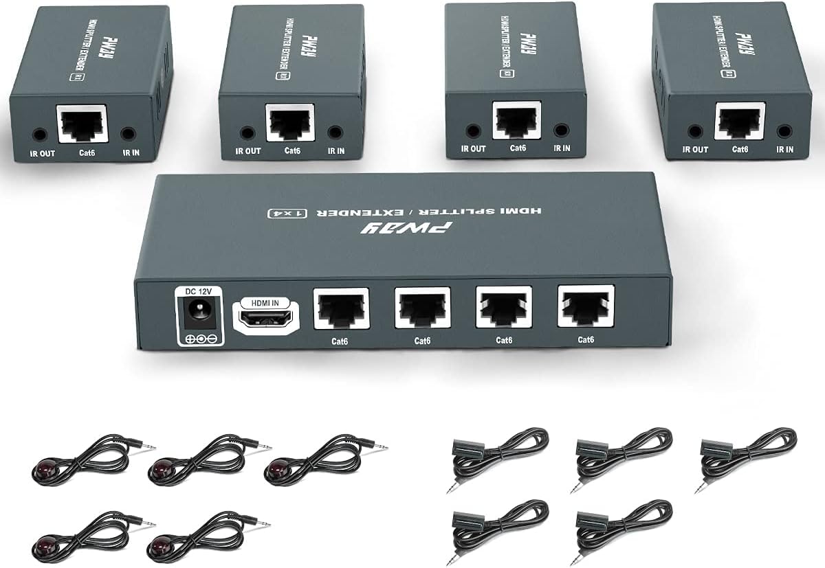 PW-HTS0104IR (POC) 1X4 Splitter HDMI Extensor de Divisor Puerto sobre Cat5e/Cat6 Cable Ethernet con Control IR Sin demora hasta 60m/196ft y Resolución hasta 1080P@60 Hz (1 In 4 out)