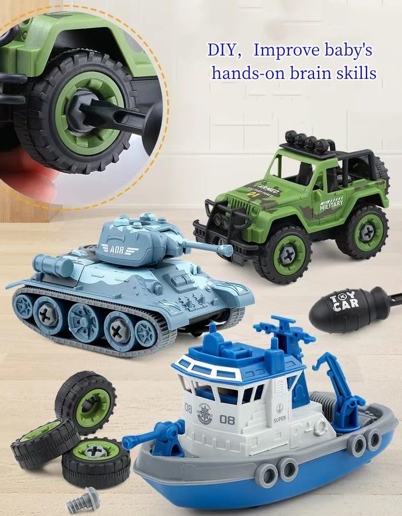 Construction Truck Toys Take Apart Vehicle Toys Set, Construction Kit with Assembly Tools, 4 in 1 Sea Land Air Helicopter Tank Ship Off-Road Car Educational DIY Toys, Birthday Gifts for Kids 3+