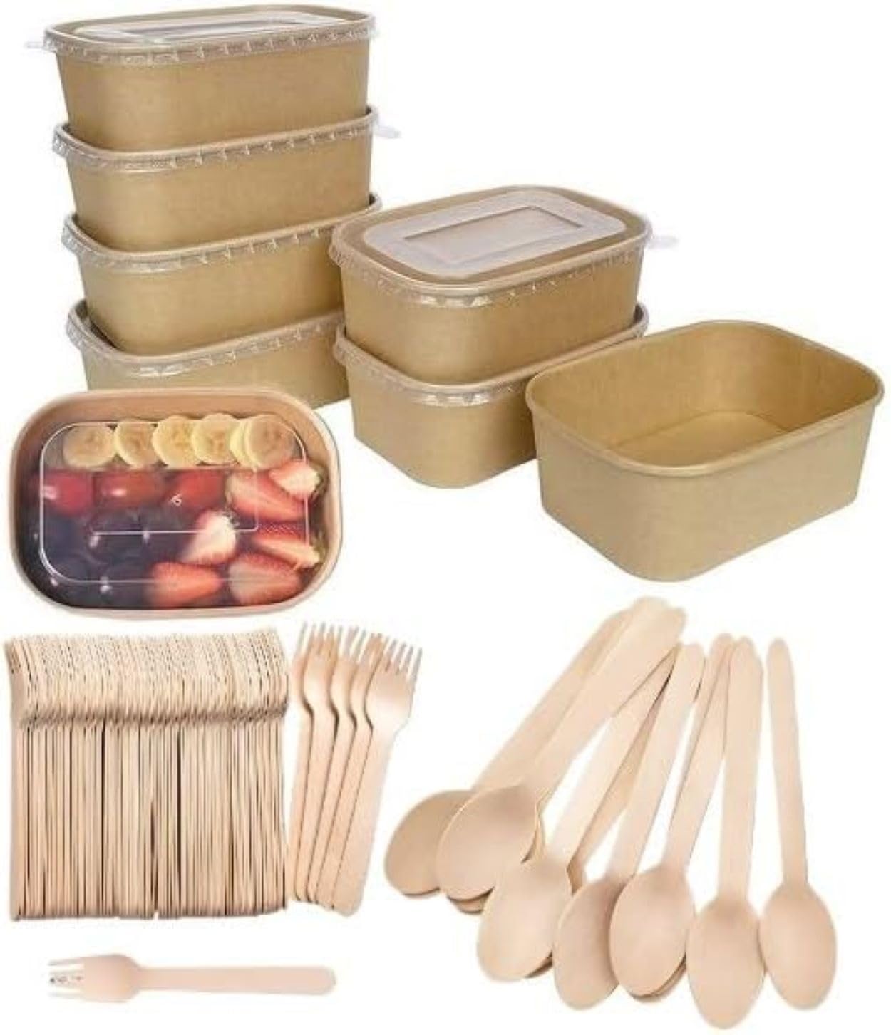 HOT BARGAINS 100 X 1000ml Kraft Food Containers With Reusable Plastic Lids + 100 Spoons + 100 Forks For Takeaway Eco Friendly (1000ml)