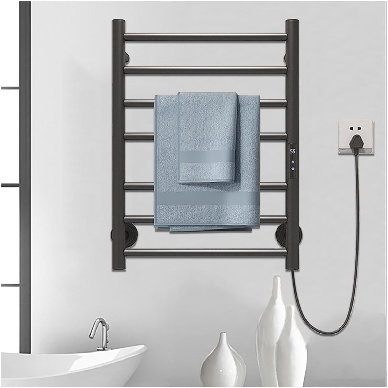 Towel Rack Warmer,Towel Warmer with Timer,LED Display,Constant Temperature Control,Towel Dryer Rack Heated Wall Mounted Hardwired,Black