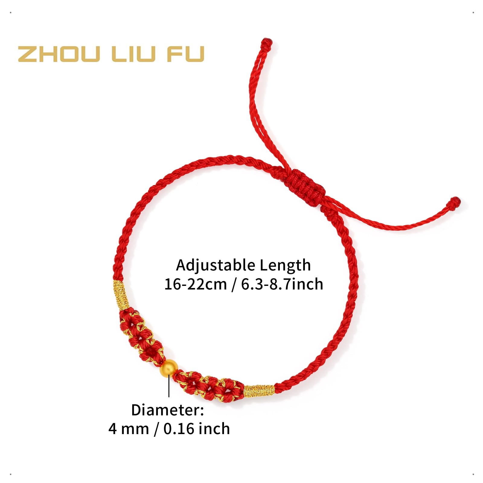 ZHOU LIU FU 24K Gold Armbänder Rot Geflochtene Gelbgold Bead Charm Kordel Armband Schmuck für Damen Ehefrau Mutter Liebhaber Geschenke Geburtstag Jahrestag Valentinstag 22cm A1745647