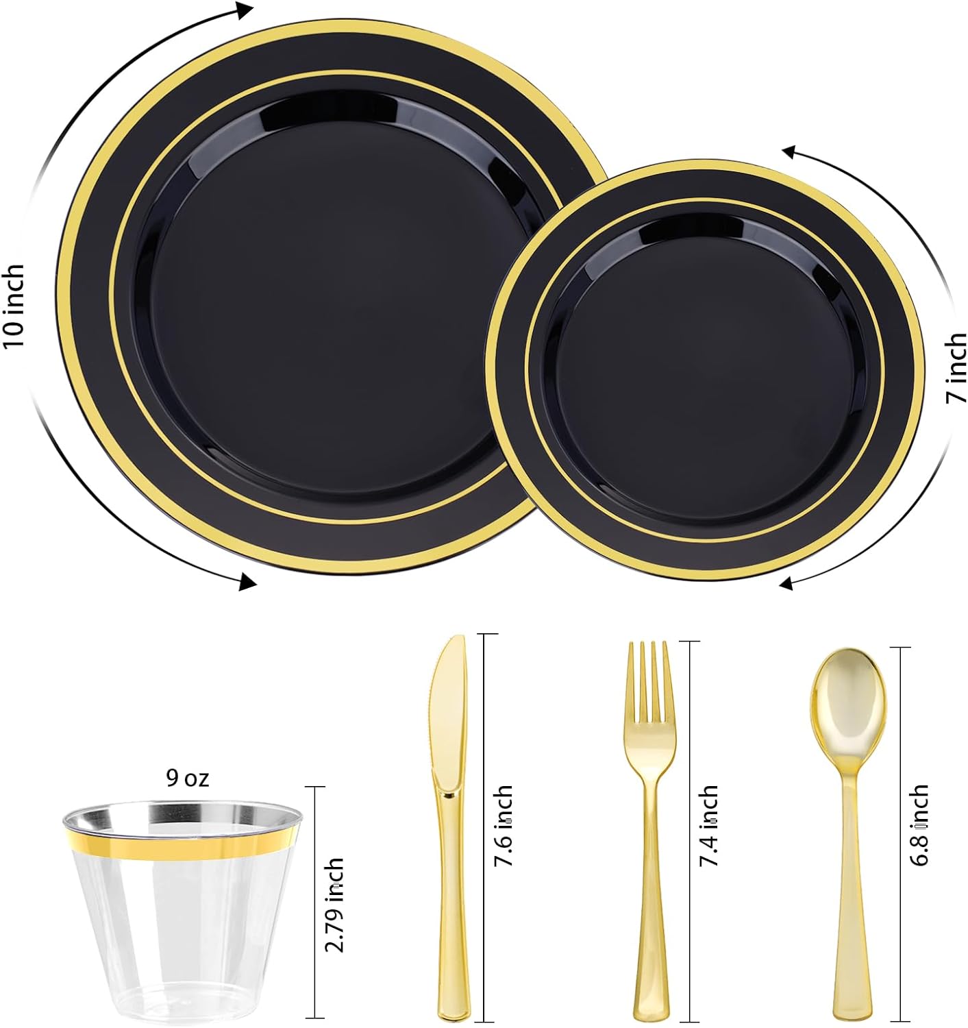 BESTVIP 600PCS Black Gold Dinnerware Set for 100 Guests, Plastic Plates for Halloween Party and Christmas, 100 Disposable Plates, 100 Dessert Plates, 100 Cups, 100 Spoons, 100 Forks and 100 Knives - Image 5