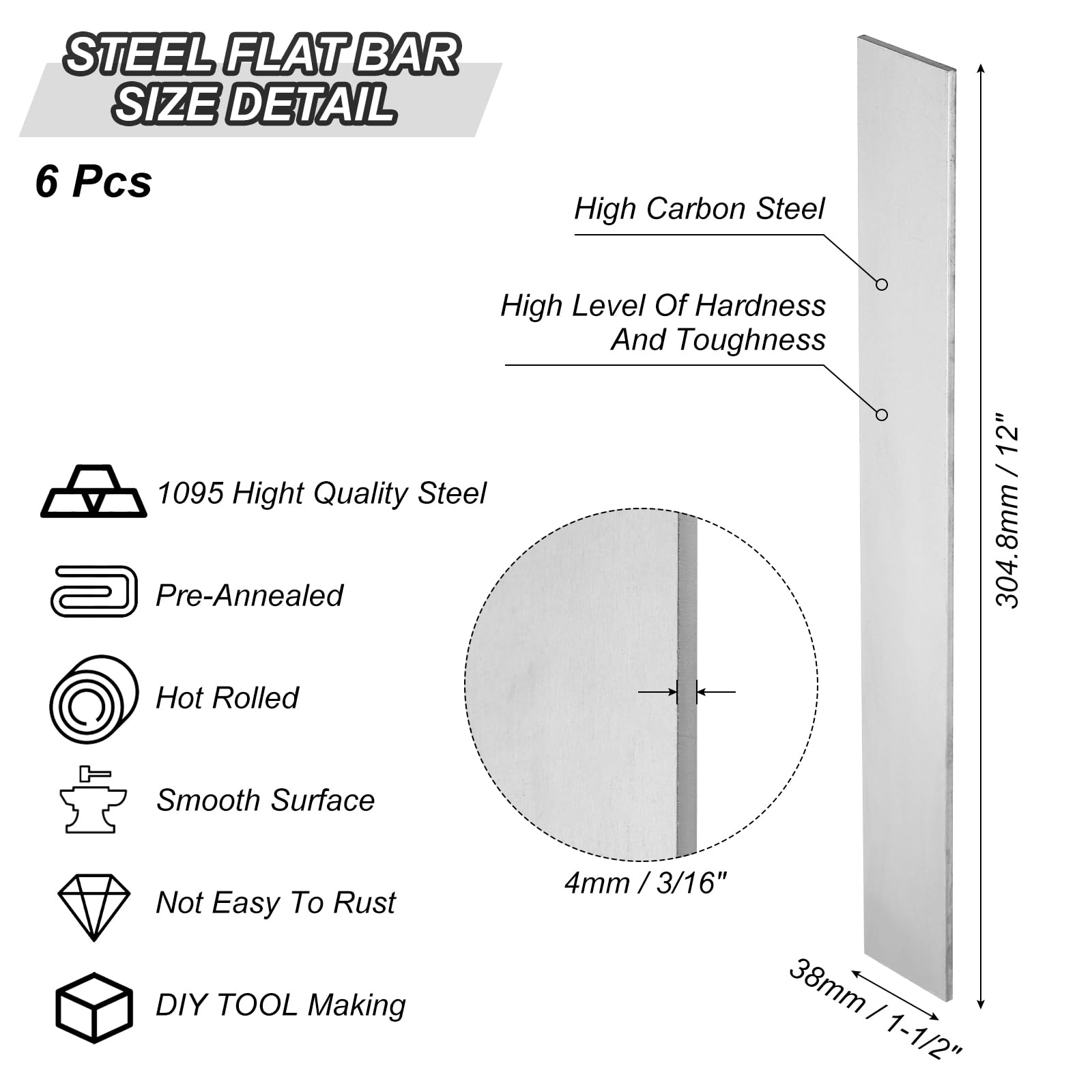PATIKIL Barra Plana de Acero 1095, 6pcs, 305x38x4mm(L*An*G) Material para Fabricación de Cuchillos para Bricolaje en Blanco Hoja Metal, Profesional y Aficionado Uso, Plateado