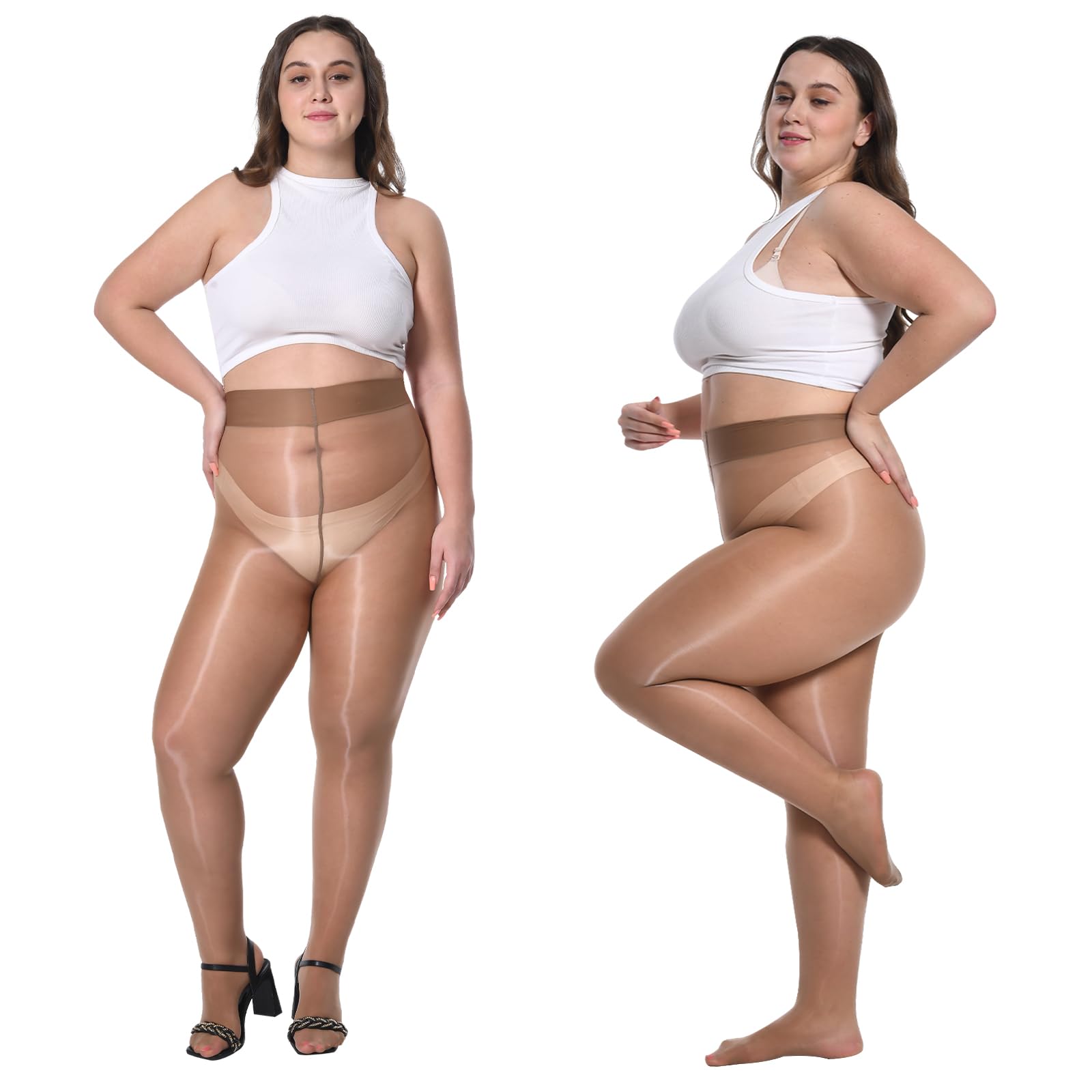 2 Pairs Women's Shiny Pantyhose Plus Size Oil Sheer Tights