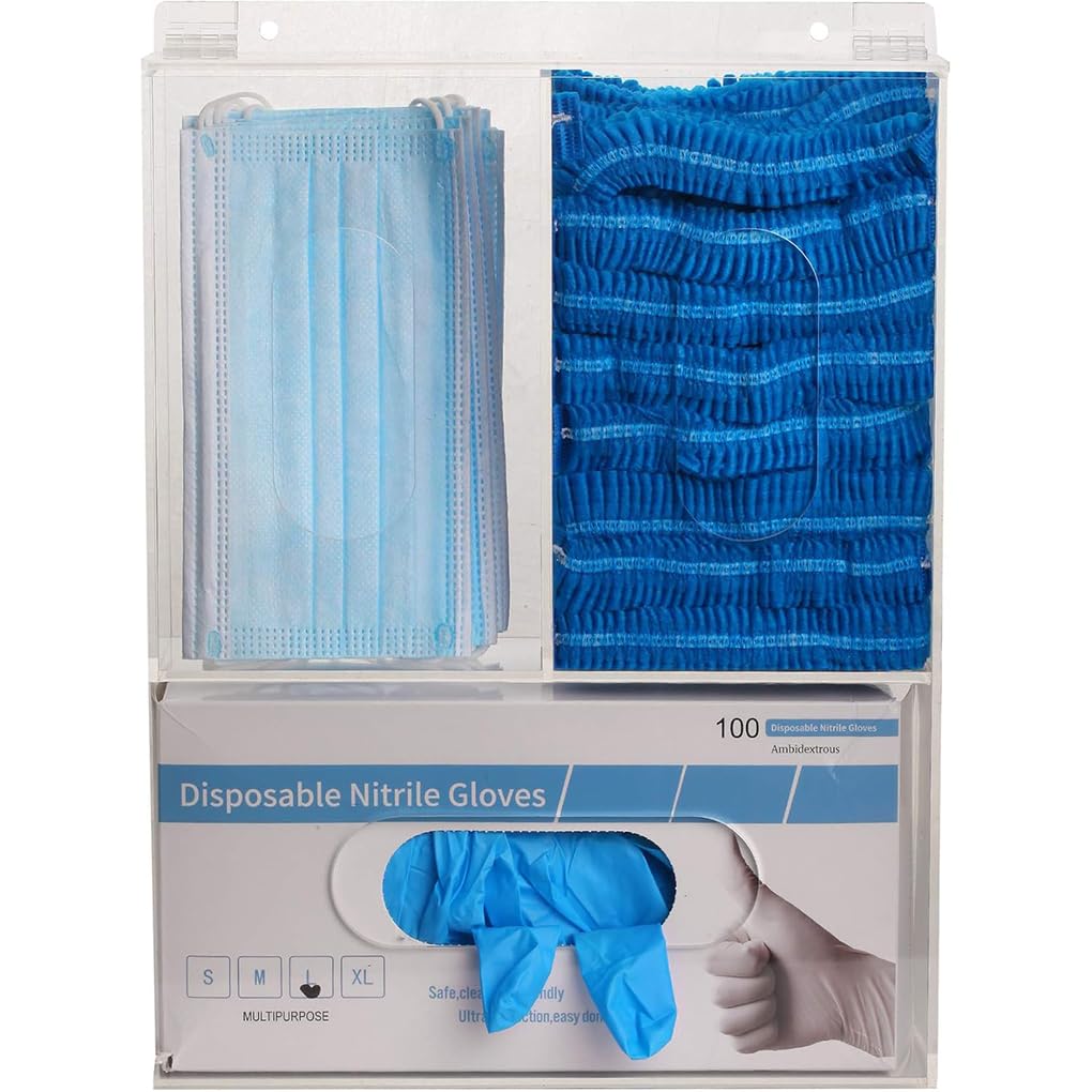 Dispenser per mascherine e guanti monouso in acrilico trasparente, progettato per il montaggio a parete, con coperchio. Offre un facile accesso agli