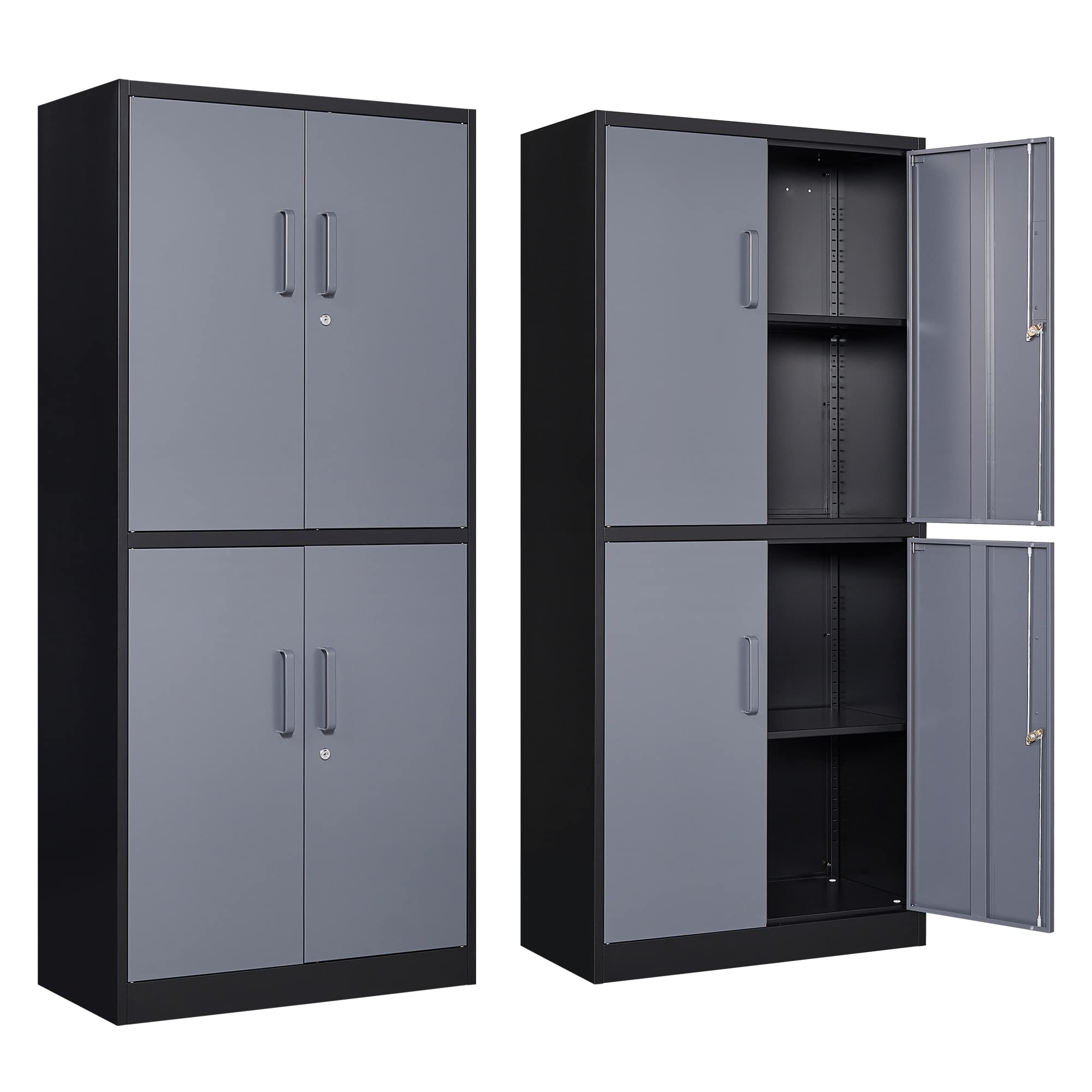 AFAIF Metal Cabinet, 71' Tall, 4-Door, Locking, Adjustable Shelves, Heavy Duty, Black & Grey, Home Office, Garage Storage Cabinet