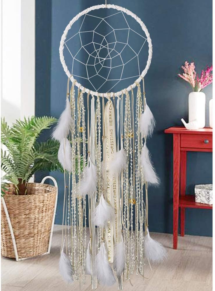 Alynsehom Extra Large Dream Catcher with White Feather Golden Bells for Baby Kids Bedroom Wall Hanging Decoration Wedding Party Boho Big Dreamcatcher Ornament Gift- Dia. 12”, Length 43”