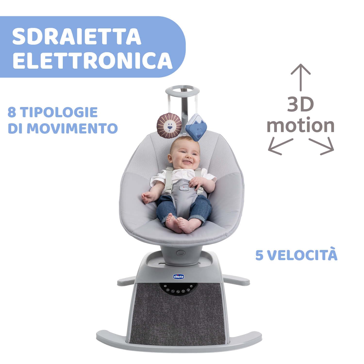Chicco Comfy Wave, Sdraietta Elettronica, Altalena Elettronica per Bambini, con Movimenti e Melodie, Schienale Reclinabile, Tessuto Traspirante e Sfoderabile, Barra Gioco, Sdraietta Neonato, 0 Mesi+