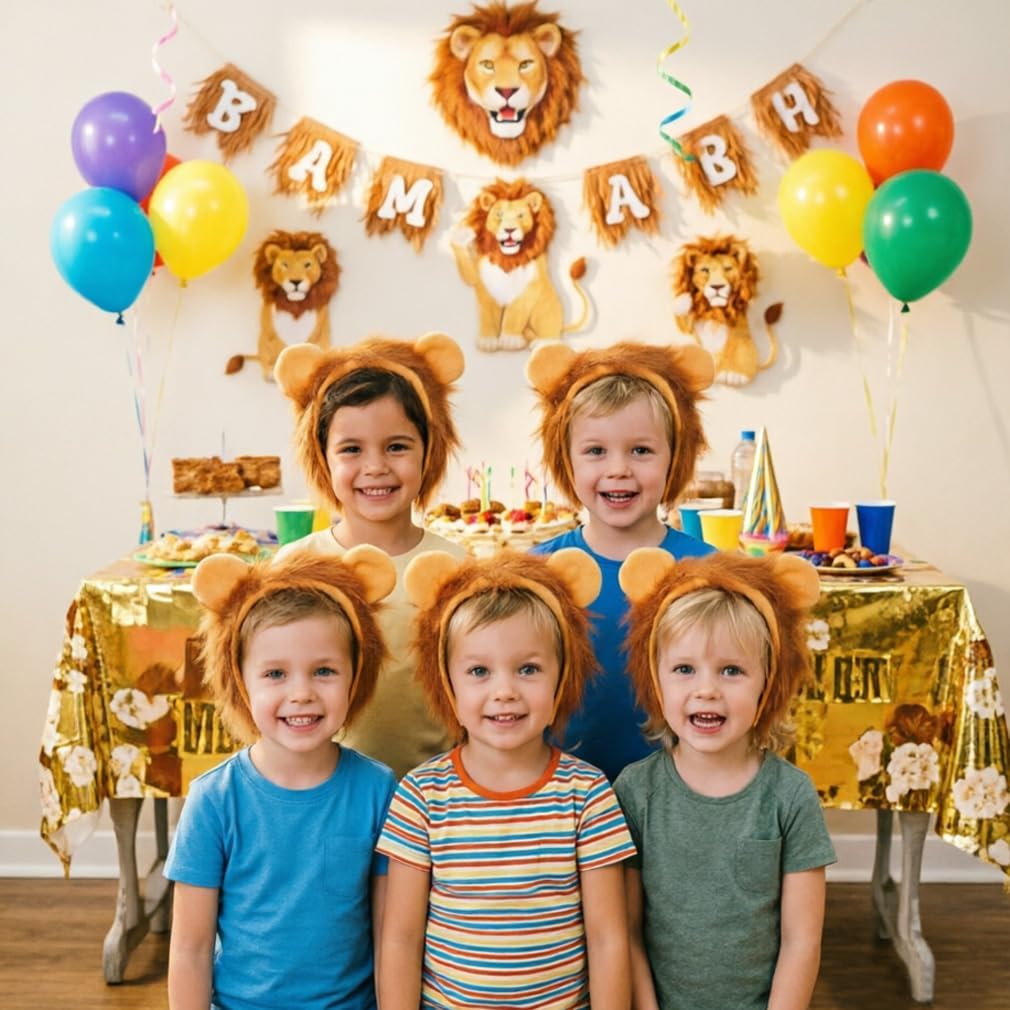 Lion Ears Headband, Faux Fur Animal Costume Accessory, Brown, 6 Pack