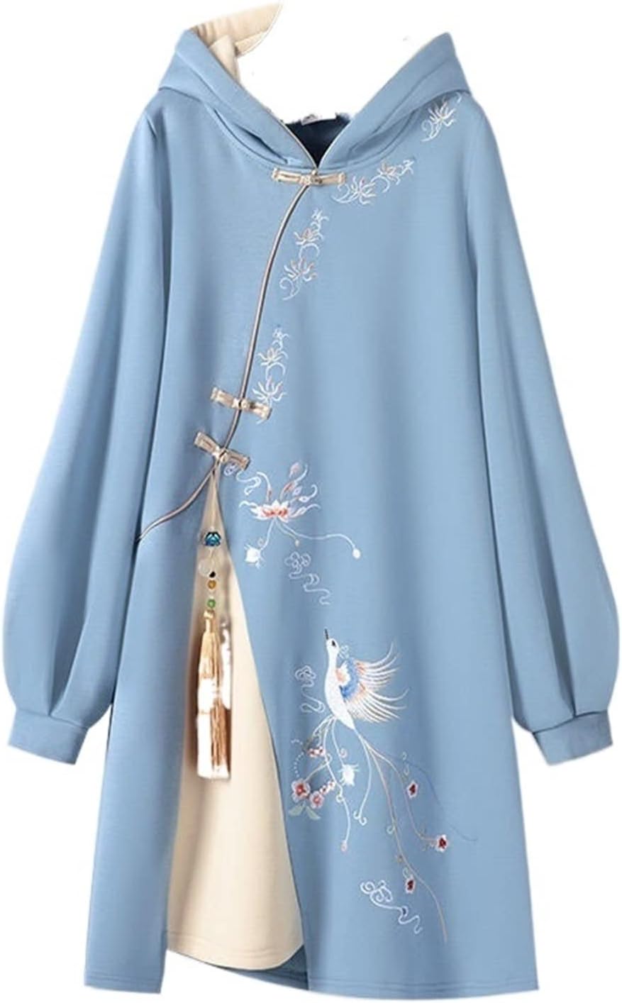 Spring Women Sweatshirt Dress Women Mid-length Traditional Chinese Style Hanfu Cheongsam Hoodies Oversized Hoodie