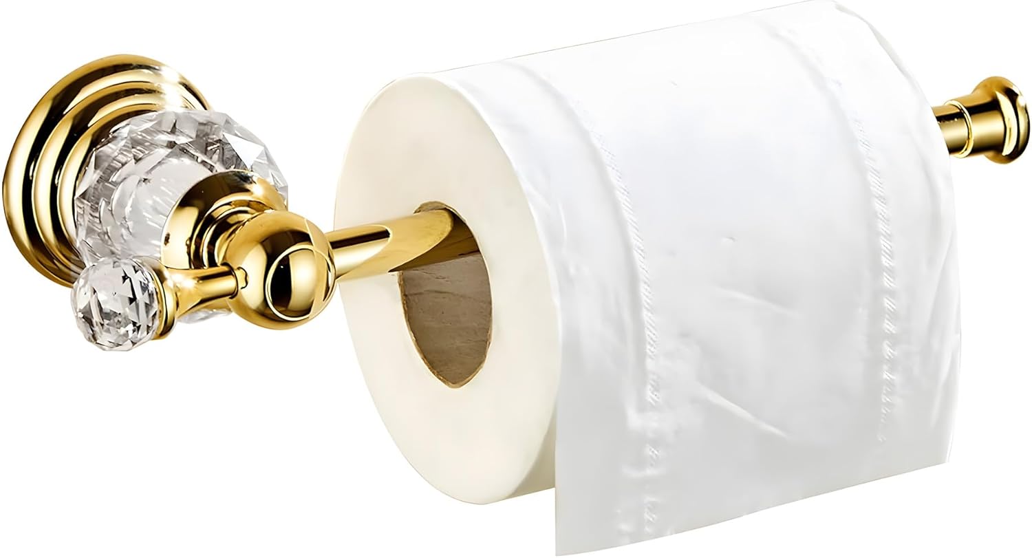 BATHSIR Crystal Toilet Paper Holder, Gold Toilet Roll Holder Modern Bathroom Accessories Zinc Alloy Tissue Hanger Wall Mounted