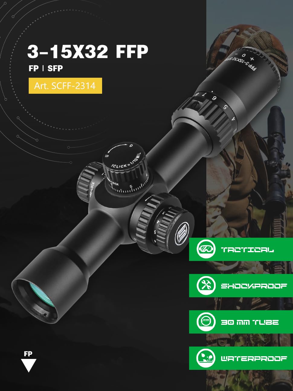 SPINA OPTICS mirino ottico 3-15x32 Mirino a Prima Focale Ottiche Fucile da Caccia con RGB Mil-dot,Impermeabile,Resistente agli urti