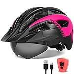 FUNWICT Adult Bike Helmet with Visor and Goggles for Men Women Mountain Road Bicycle Helmet Rechargeable Rear Light Cycling Helmet (L: 57-61 cm (22.4-24 inches), Black Pink)