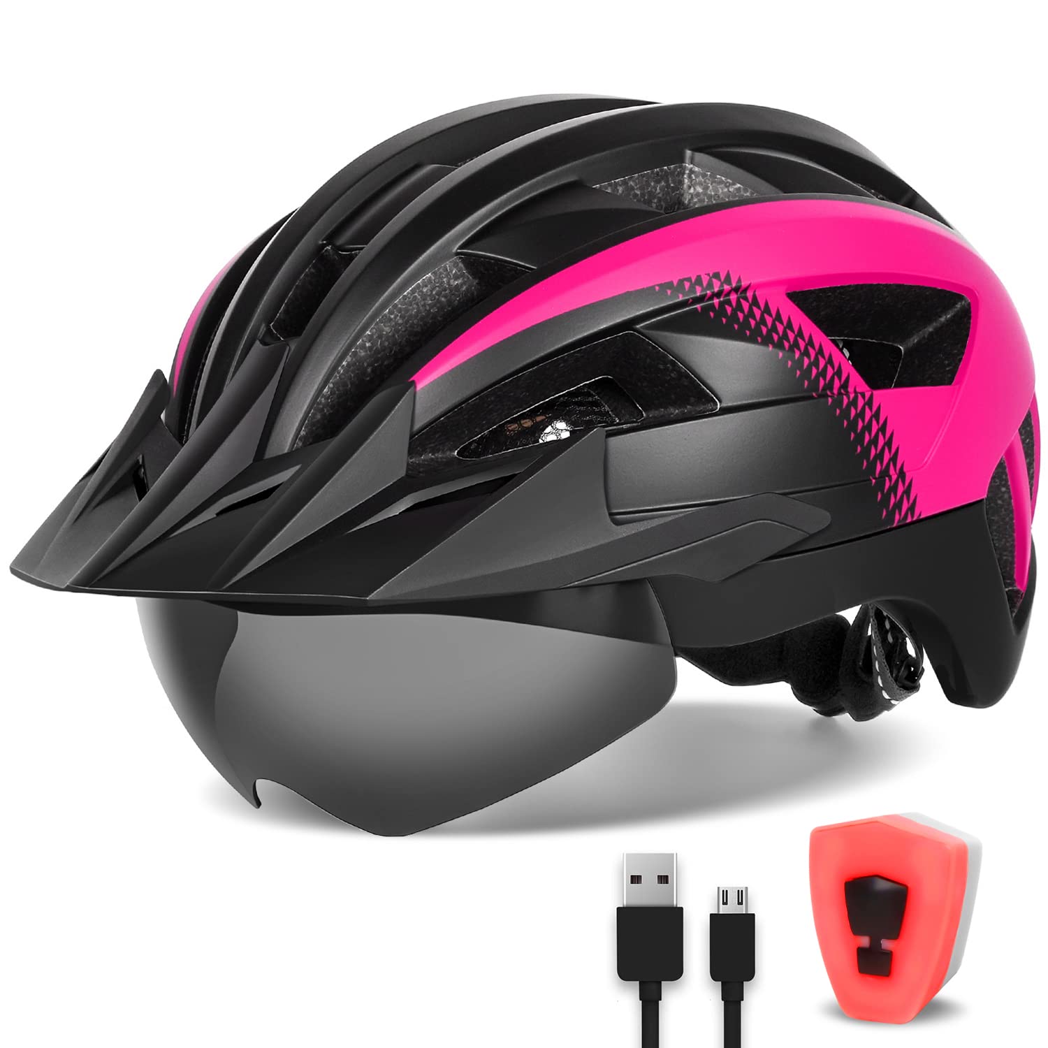 FUNWICT Adult Bike Helmet with Visor and Goggles for Men Women Mountain Road Bicycle Helmet Rechargeable Rear Light Cycling Helmet