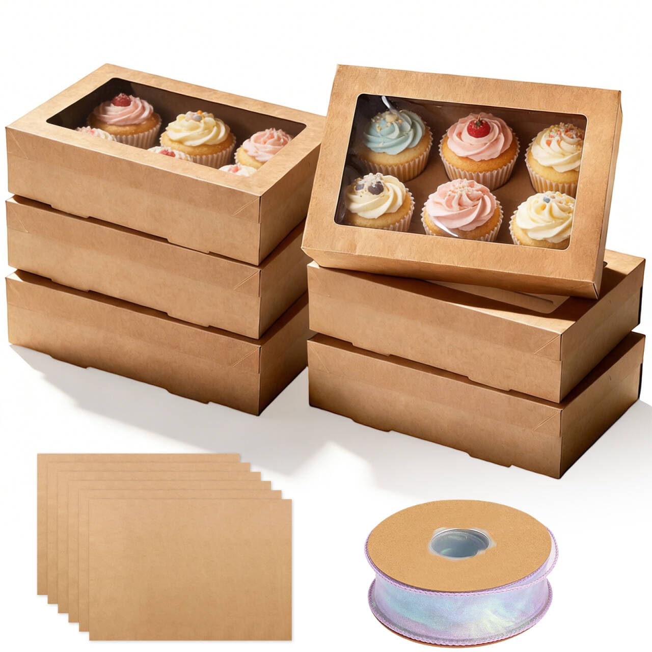 SXTDKMJ 6 Pack Food Boxes Cardboard with Window, 30 x 20 x 8cm Bakery Boxes with Cable Ties Brown Kraft Box for Cupcake Candy Desserts Muffins Pastry Cookies Gift