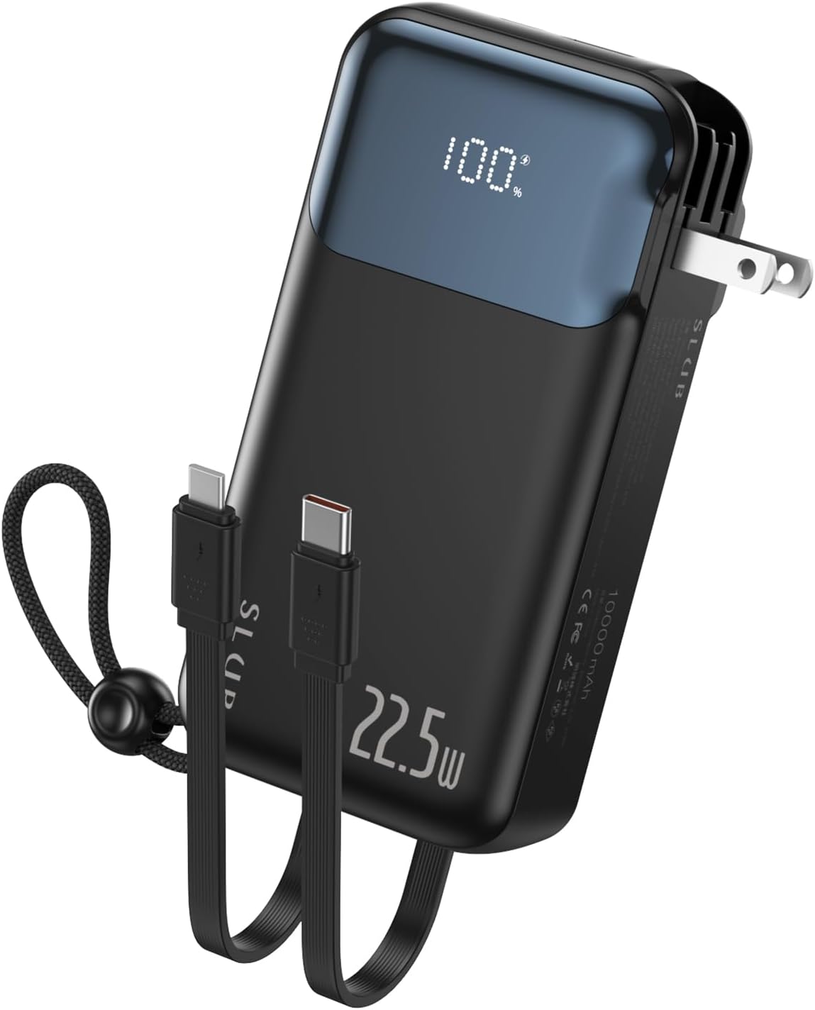 Power Bank with Built-in Cable, Large Capacity, Simultaneous Charging, Quick Charging, 4 Outputs, 3 Inputs, LED Display (Black, 12,000 mAh)