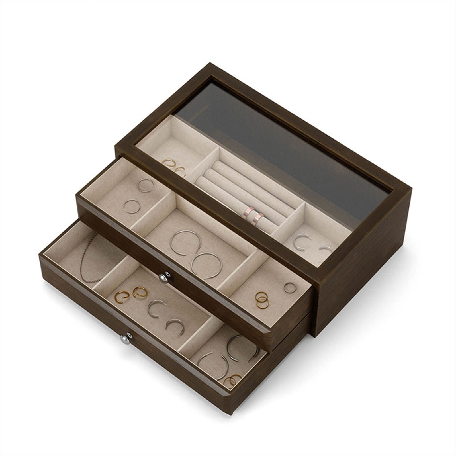 HDBCYUAZ Jewelry Boxes Organizer Vintage Case with 2 Drawers and Transparent Glass Lid, Wooden For Necklaces, Earrings, Watches(Walnut)