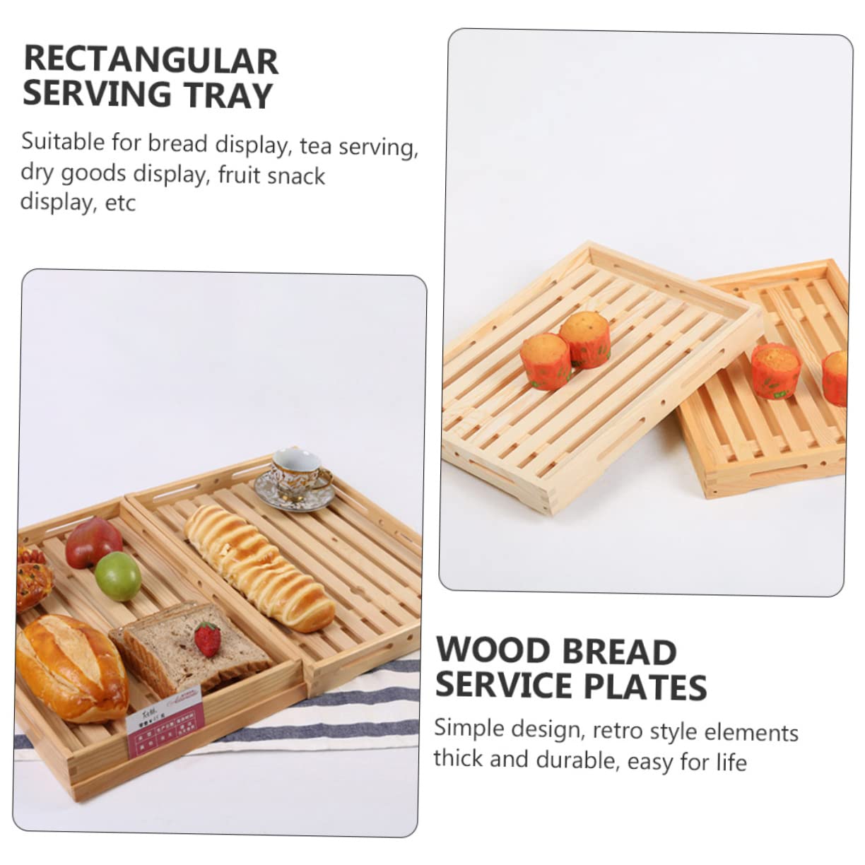 BRIGHTFUFU Wooden Baking Display Tray for Serving Bread Desserts Snacks and Fruits Rectangular Platter