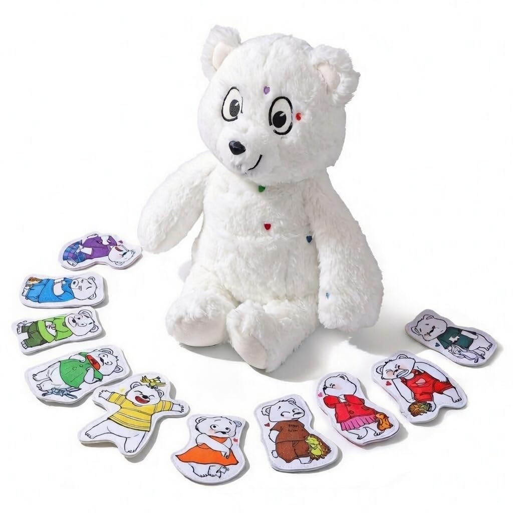 Niedźwiedź Kanda odkrywający emocje + 8 emocjonalnych misiów - Towarzyszy dzieciom w przyjmowaniu ich emocji - miękki i kojący plusz z haftowanymi punktami akupresury
